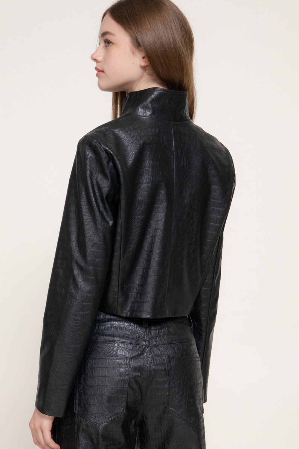 Crocodile Pattern Faux Leather Zip Up Jacket