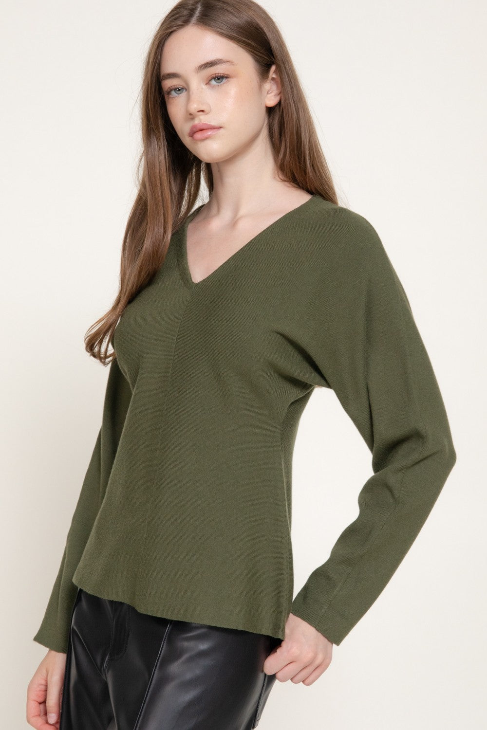 Long Sleeve V-Neck Fitted Waist Fine Knit Sweater