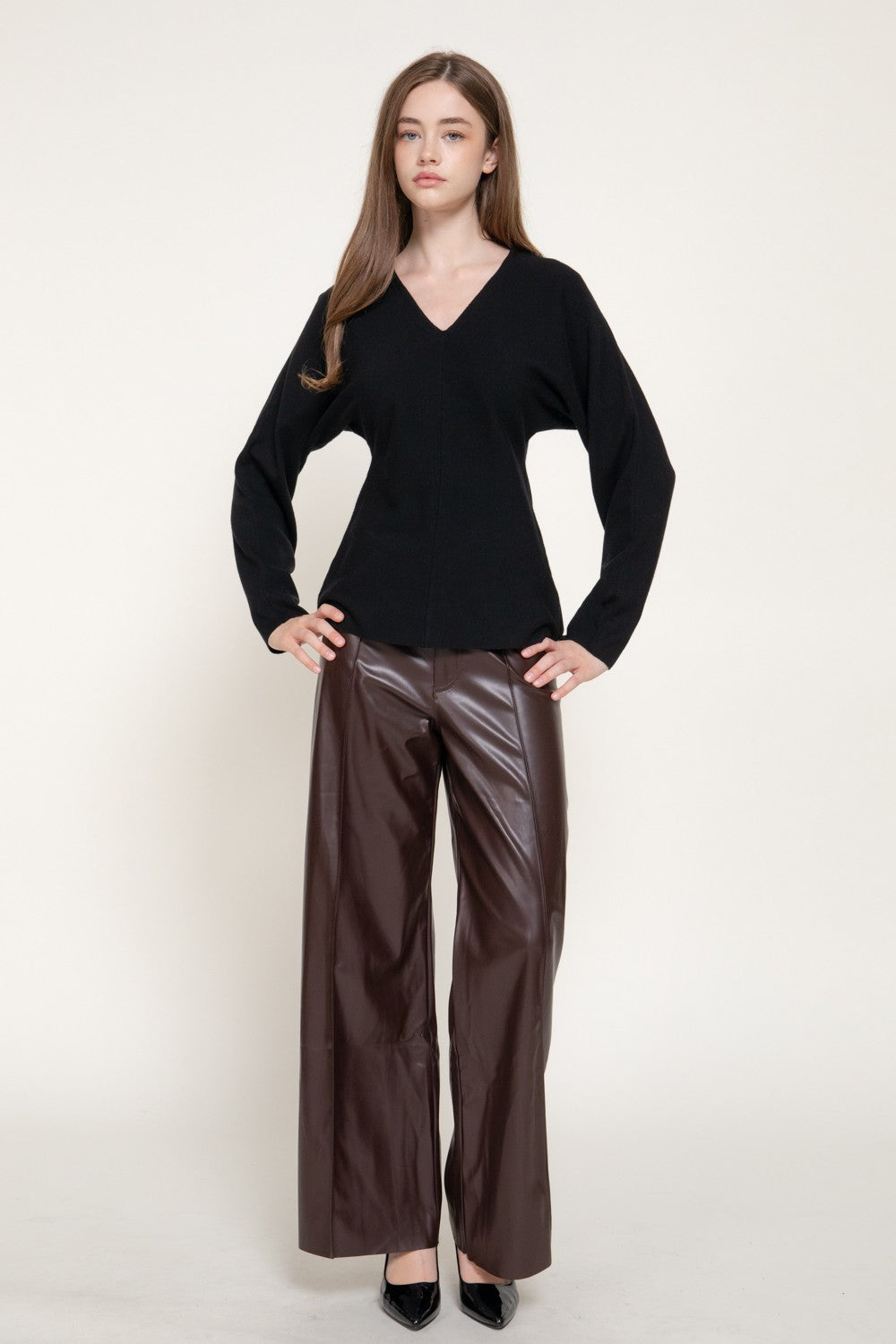 Long Sleeve V-Neck Fitted Waist Fine Knit Sweater