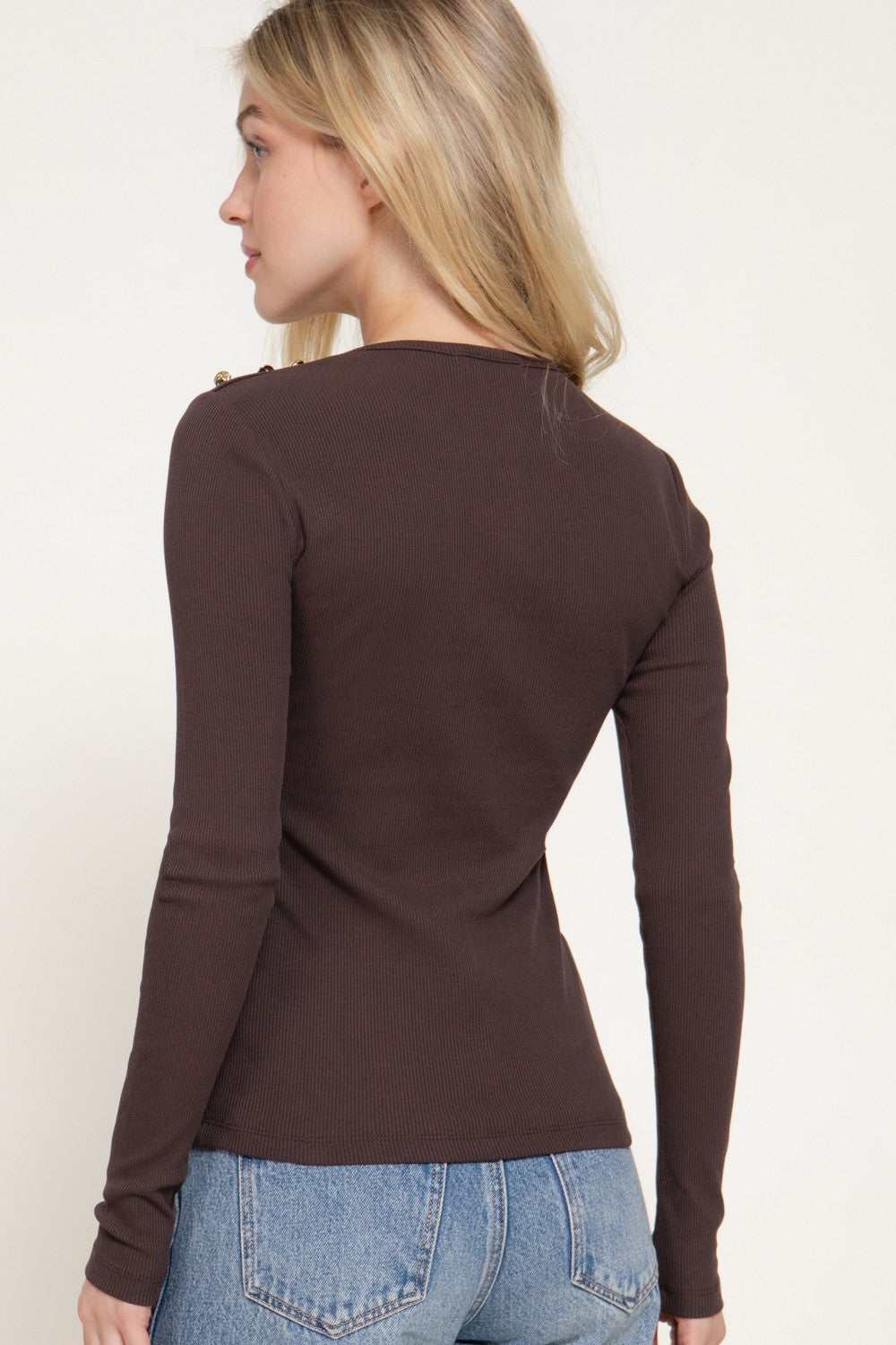 Long Sleeve Shoulder Buttoned Ribbed Knit Top