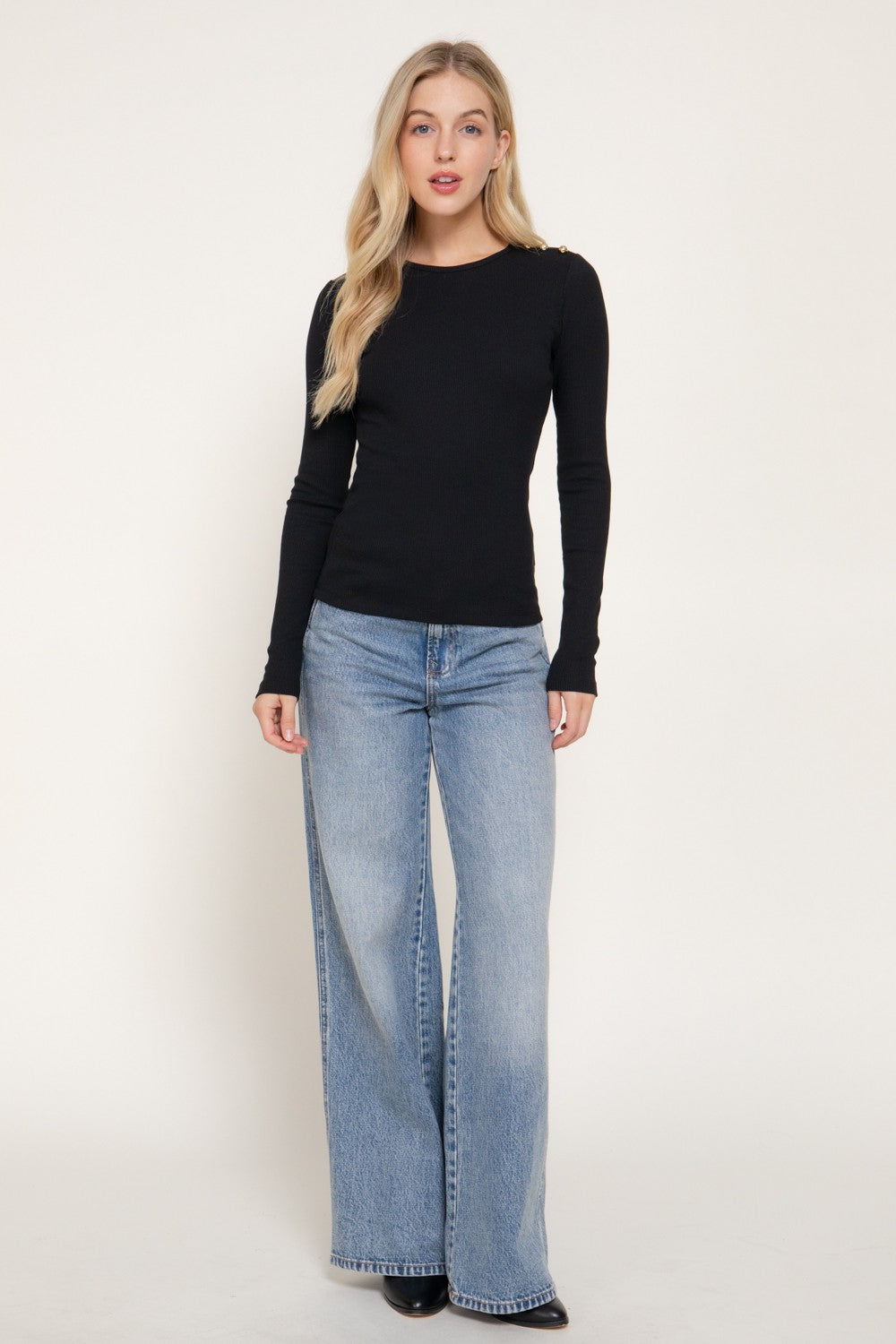 Long Sleeve Shoulder Buttoned Ribbed Knit Top