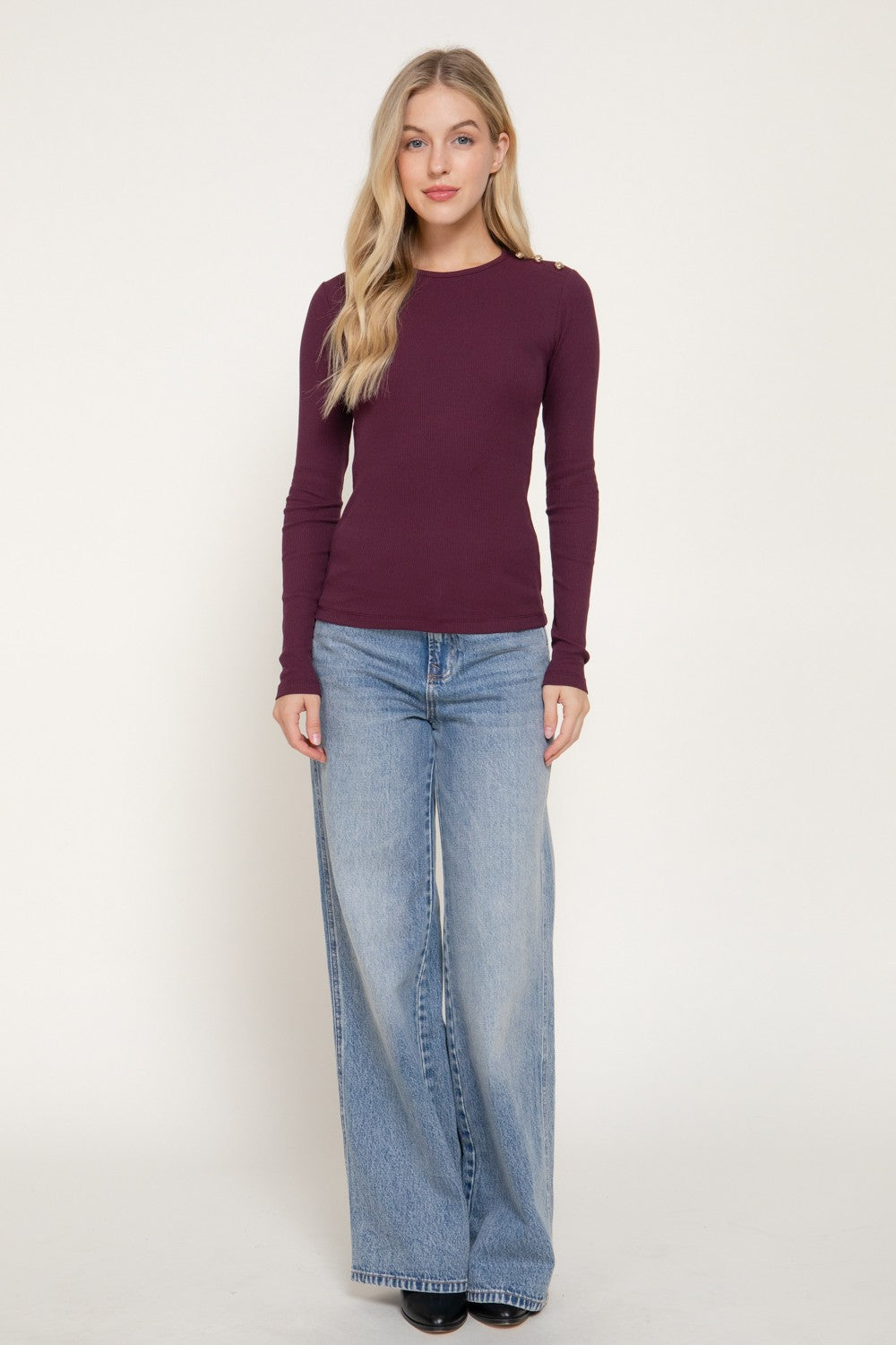Long Sleeve Shoulder Buttoned Ribbed Knit Top