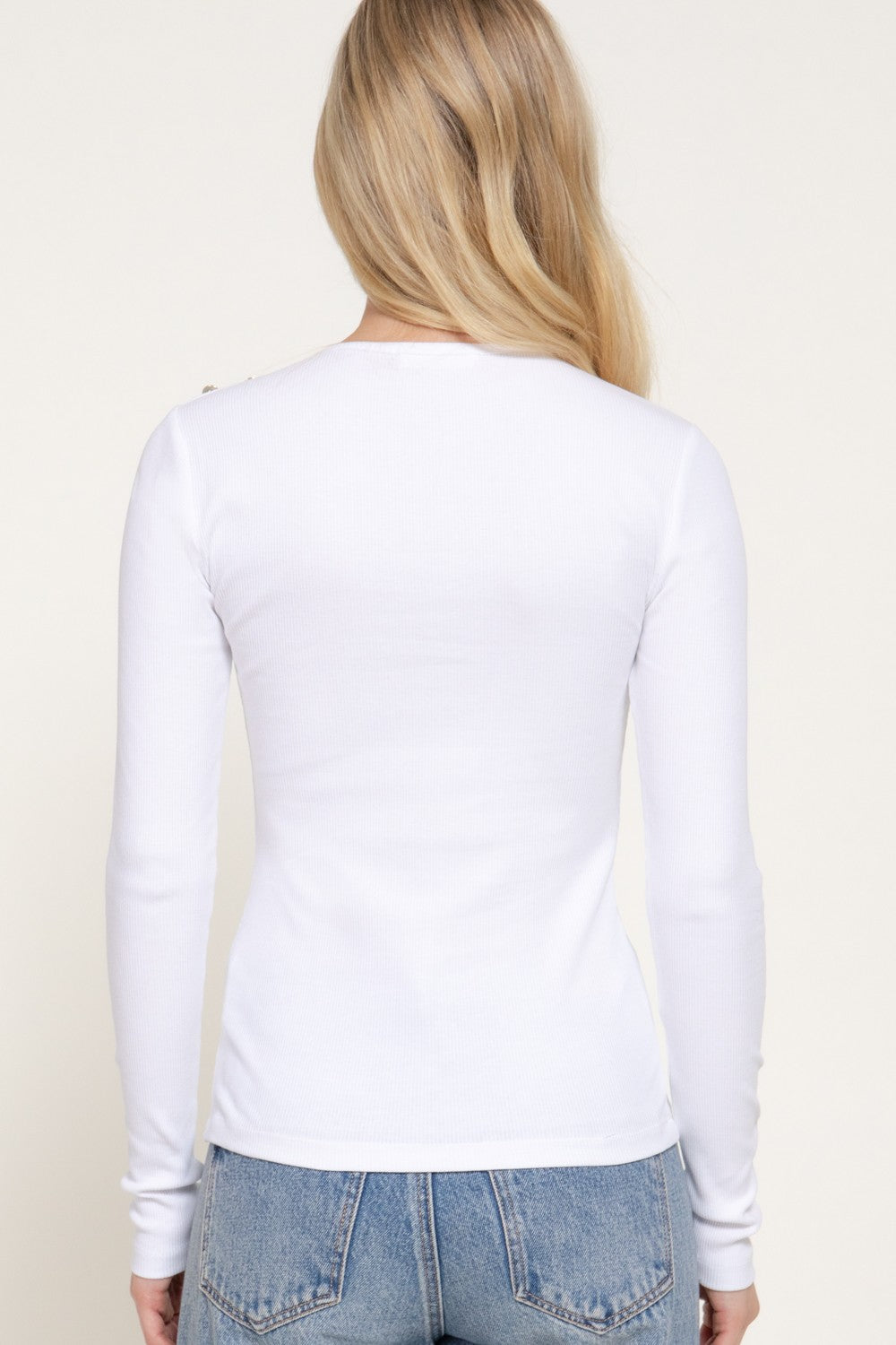 Long Sleeve Shoulder Buttoned Ribbed Knit Top