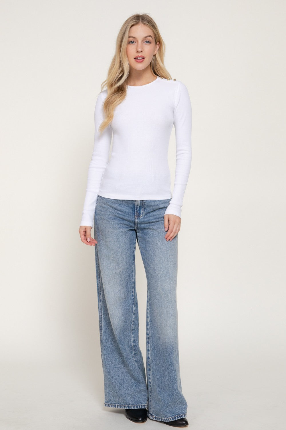 Long Sleeve Shoulder Buttoned Ribbed Knit Top