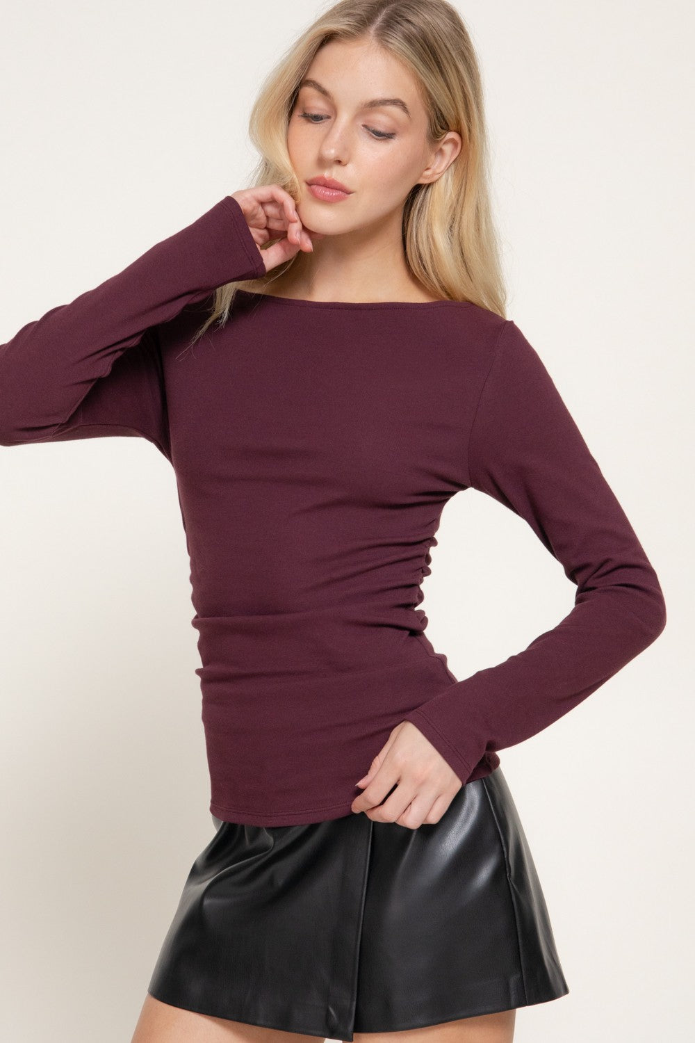 Long Sleeve Boat Neck Shirring Ribbed Knit Top