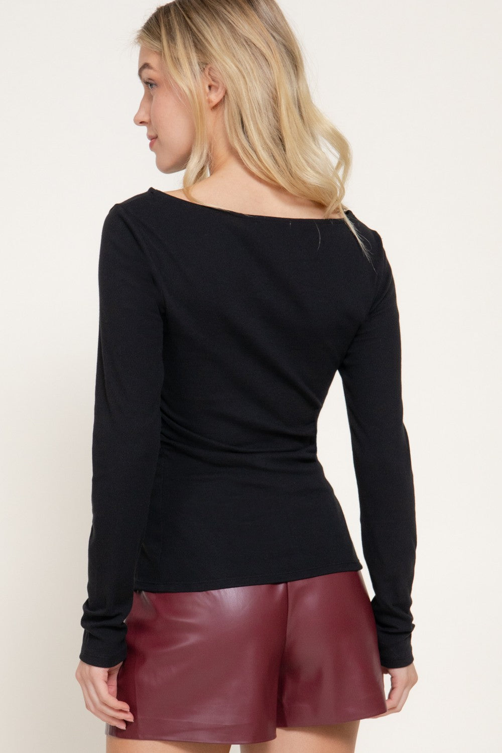 Long Sleeve Boat Neck Shirring Ribbed Knit Top