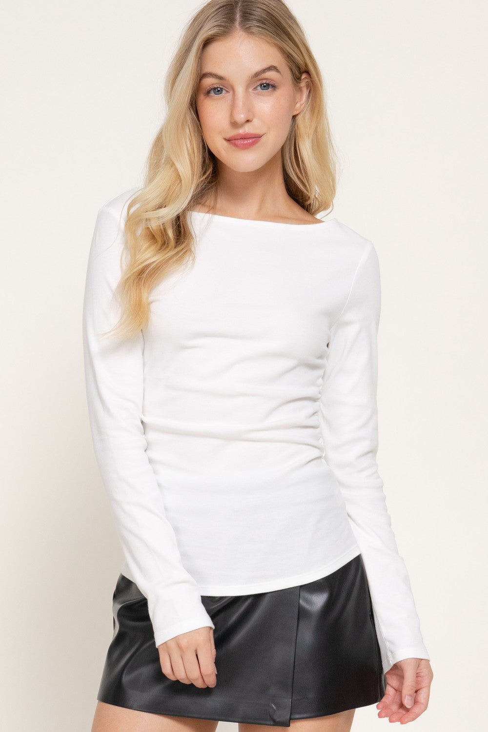 Long Sleeve Boat Neck Shirring Ribbed Knit Top