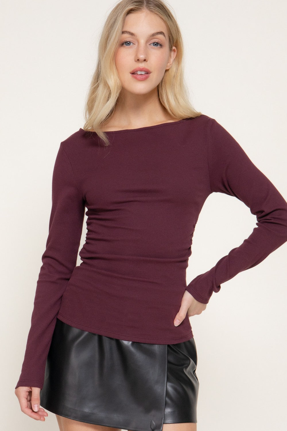Long Sleeve Boat Neck Shirring Ribbed Knit Top