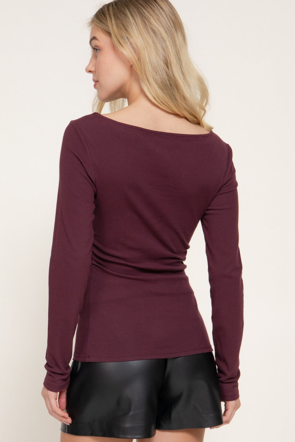 Long Sleeve Boat Neck Shirring Ribbed Knit Top