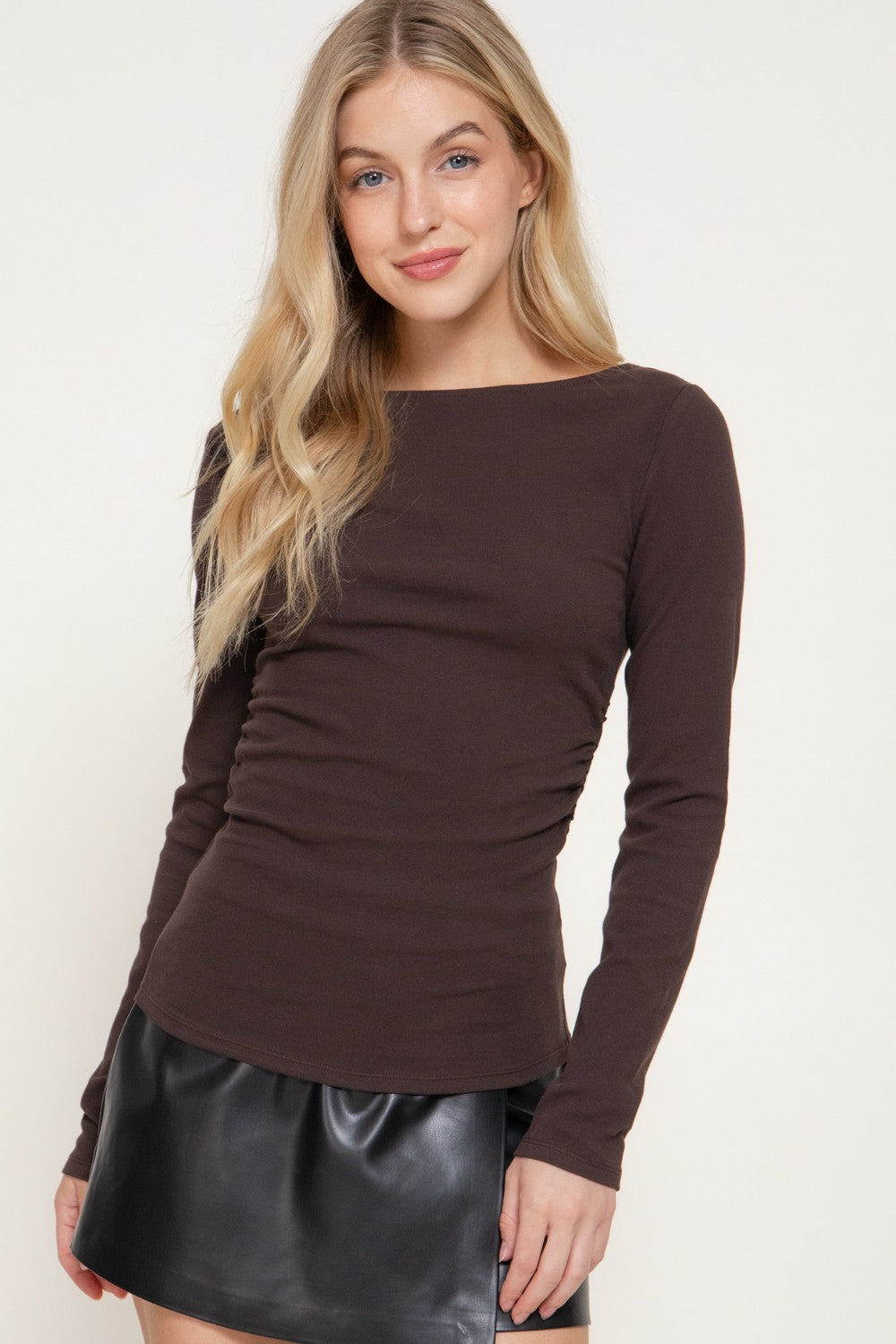 Long Sleeve Boat Neck Shirring Ribbed Knit Top