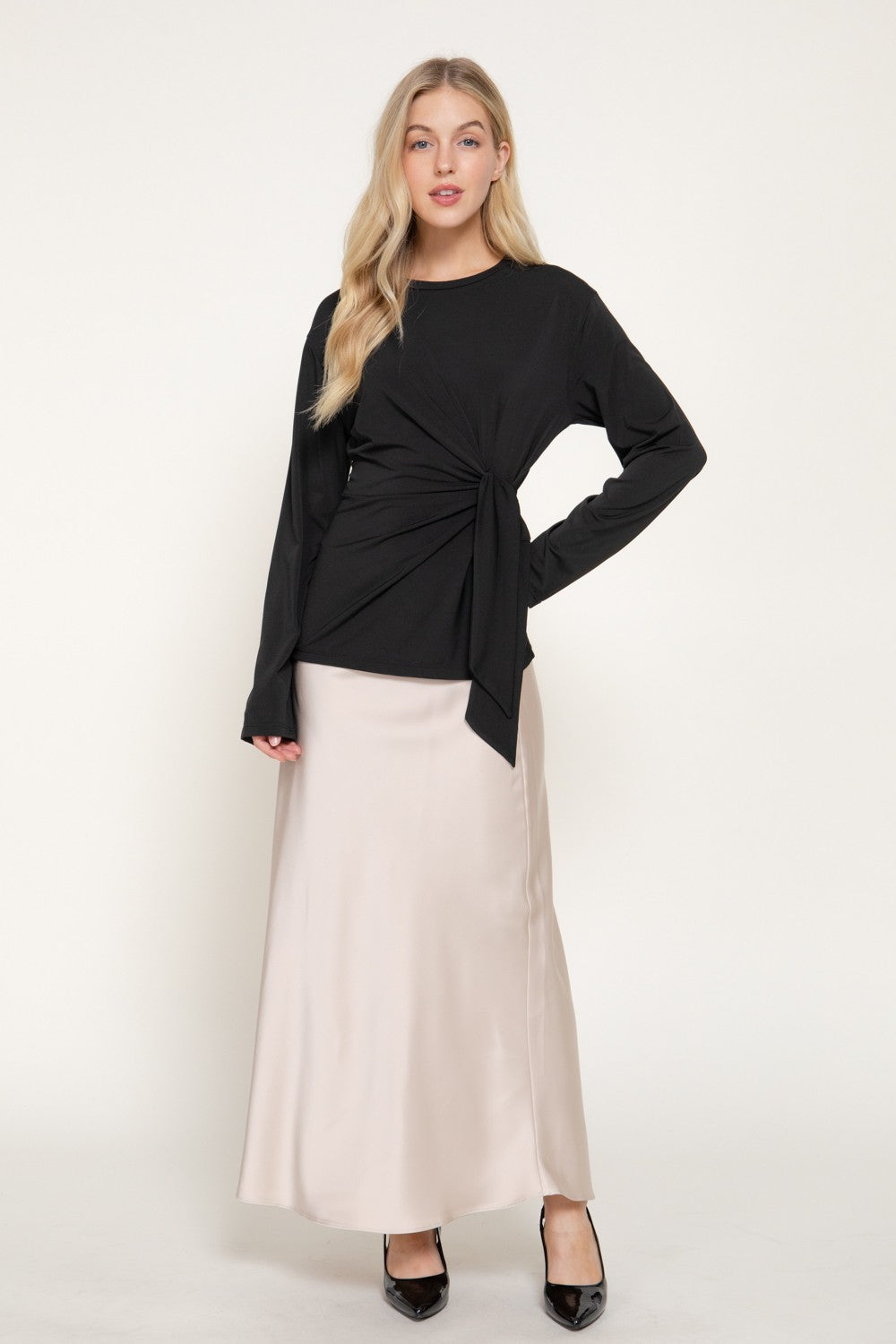 Long Sleeve Front Tie Detail Knit Top