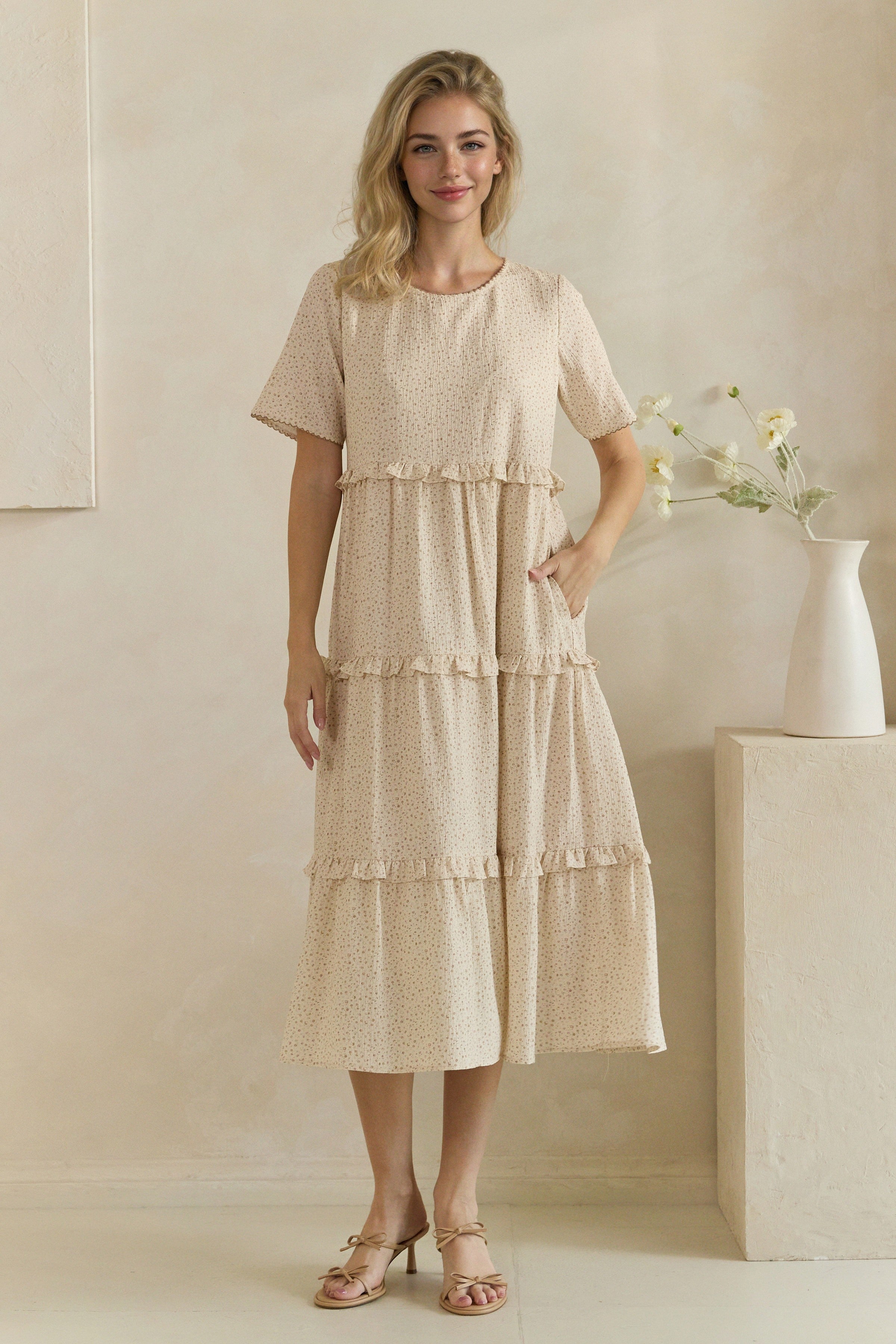 Ditsy Floral Ruffle Tiered Midi Dress