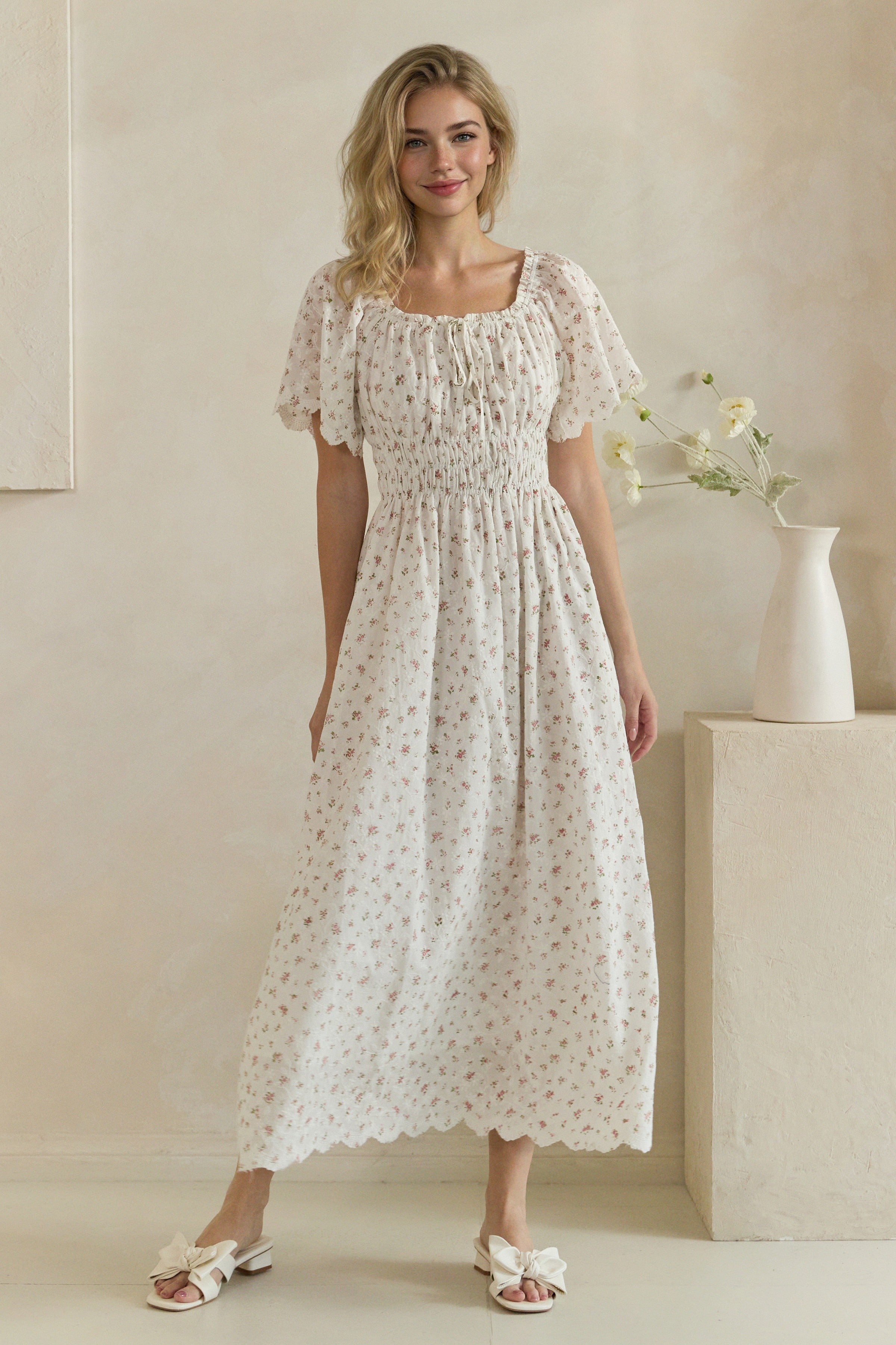 Ditsy Floral Embroidered Smocked Midi Dress