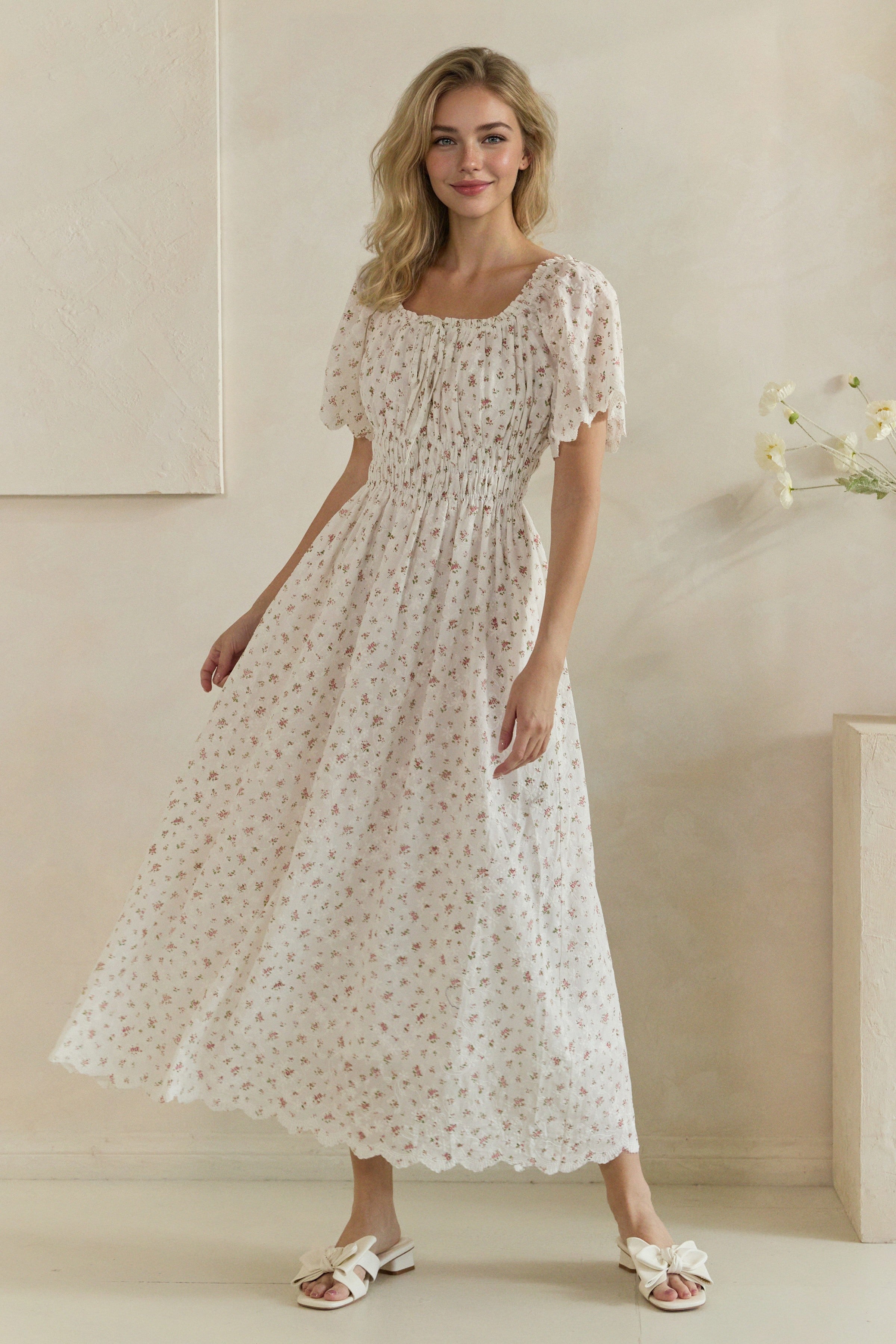 Ditsy Floral Embroidered Smocked Midi Dress