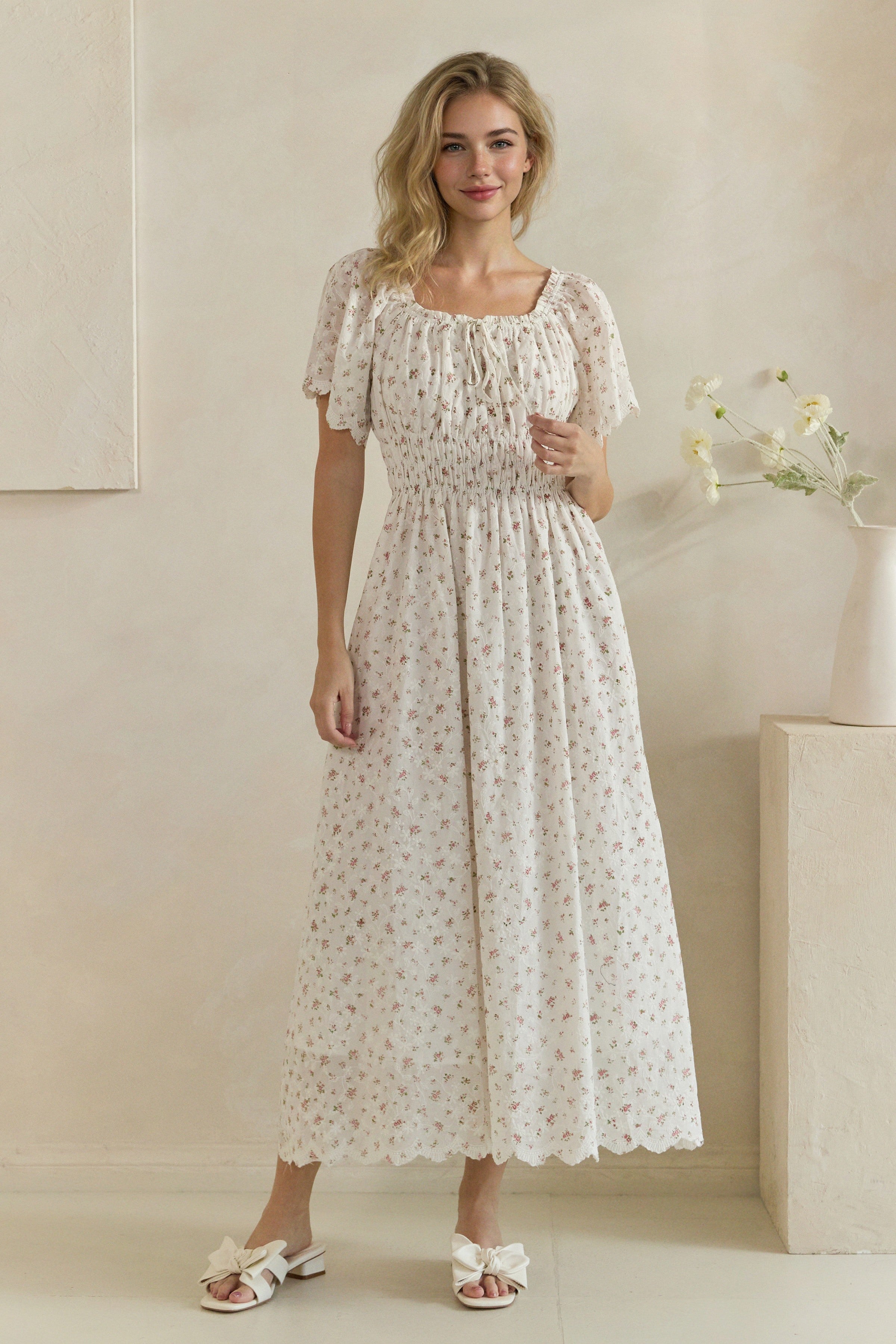 Ditsy Floral Embroidered Smocked Midi Dress