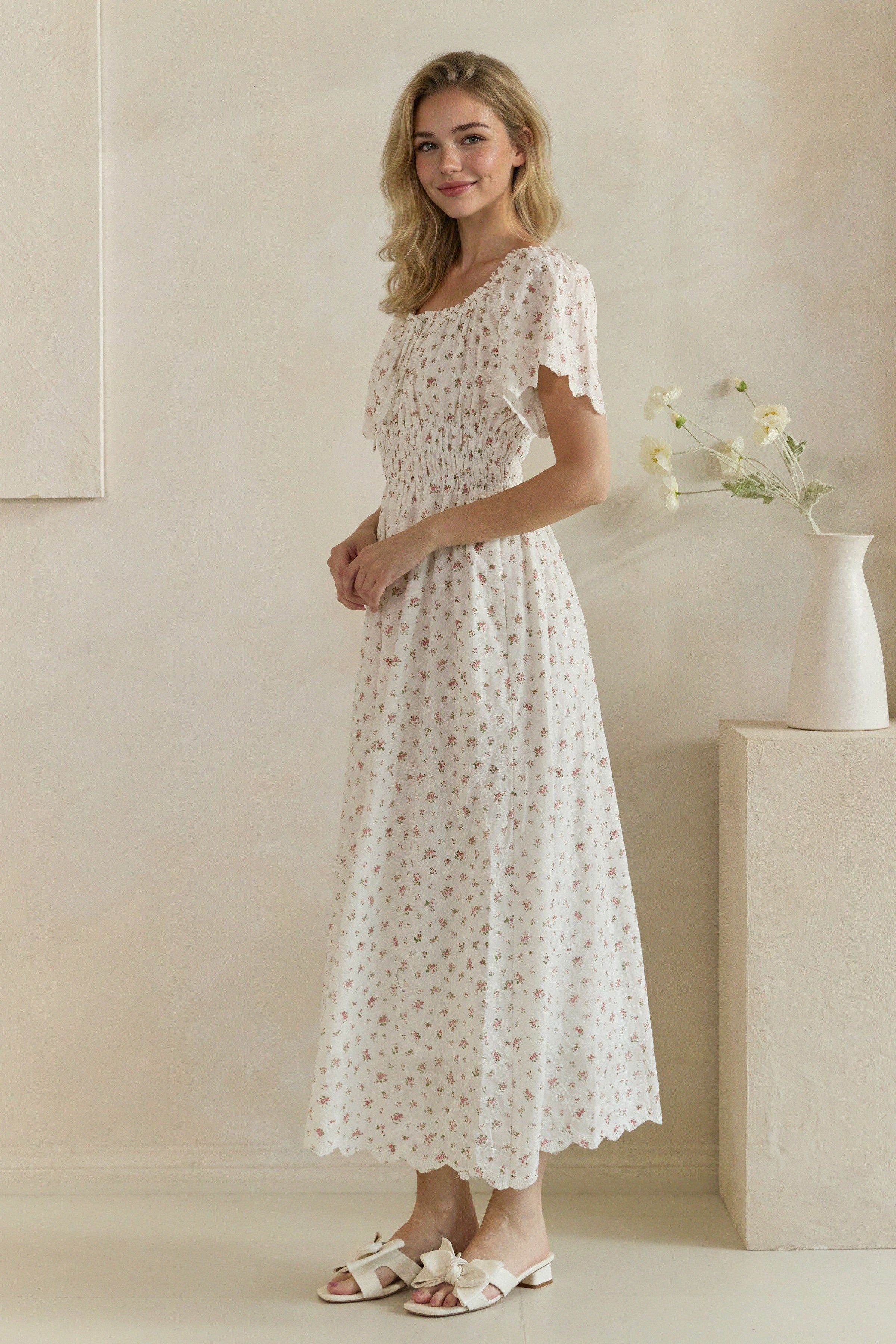 Ditsy Floral Embroidered Smocked Midi Dress