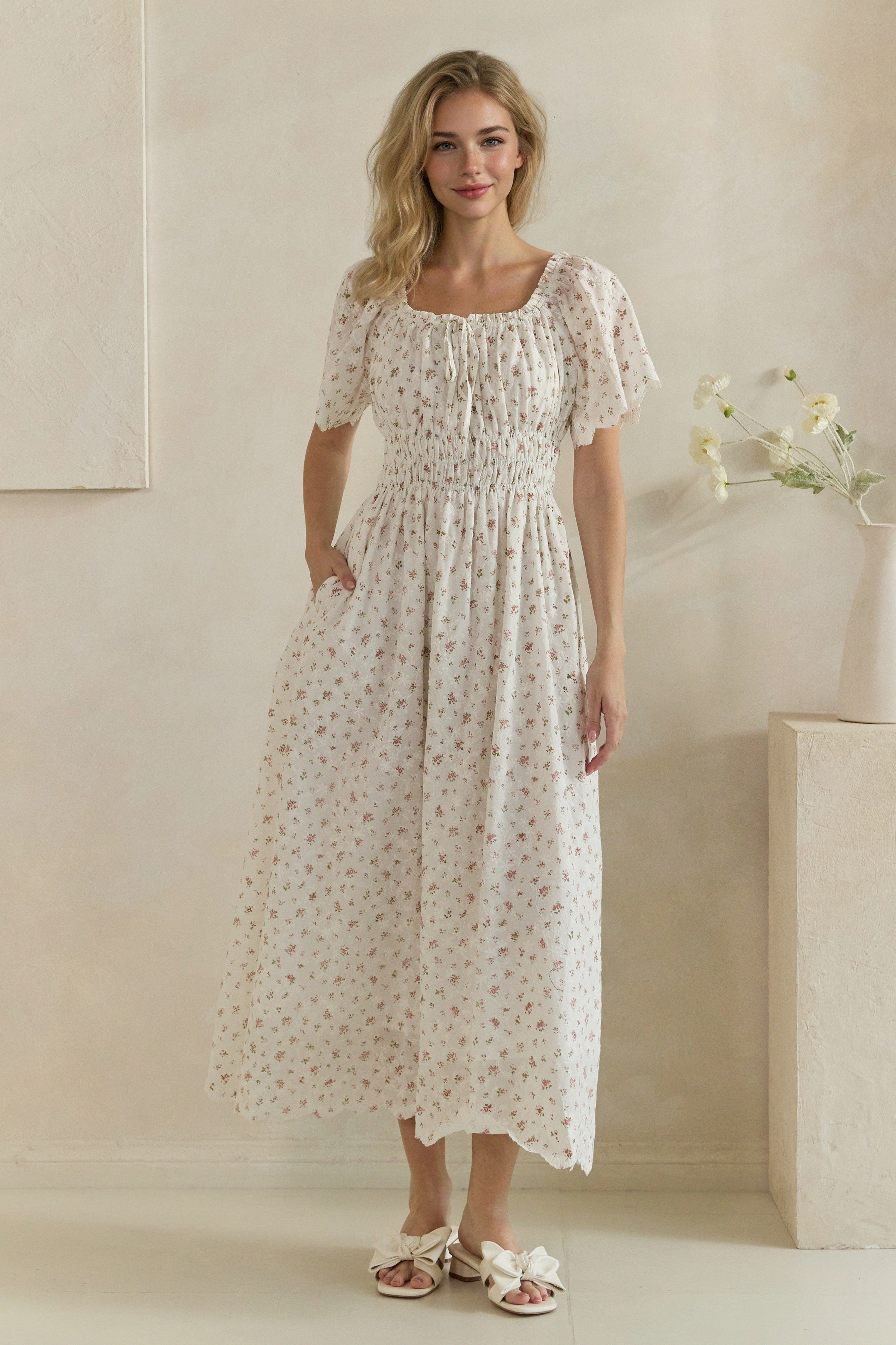 Ditsy Floral Embroidered Smocked Midi Dress