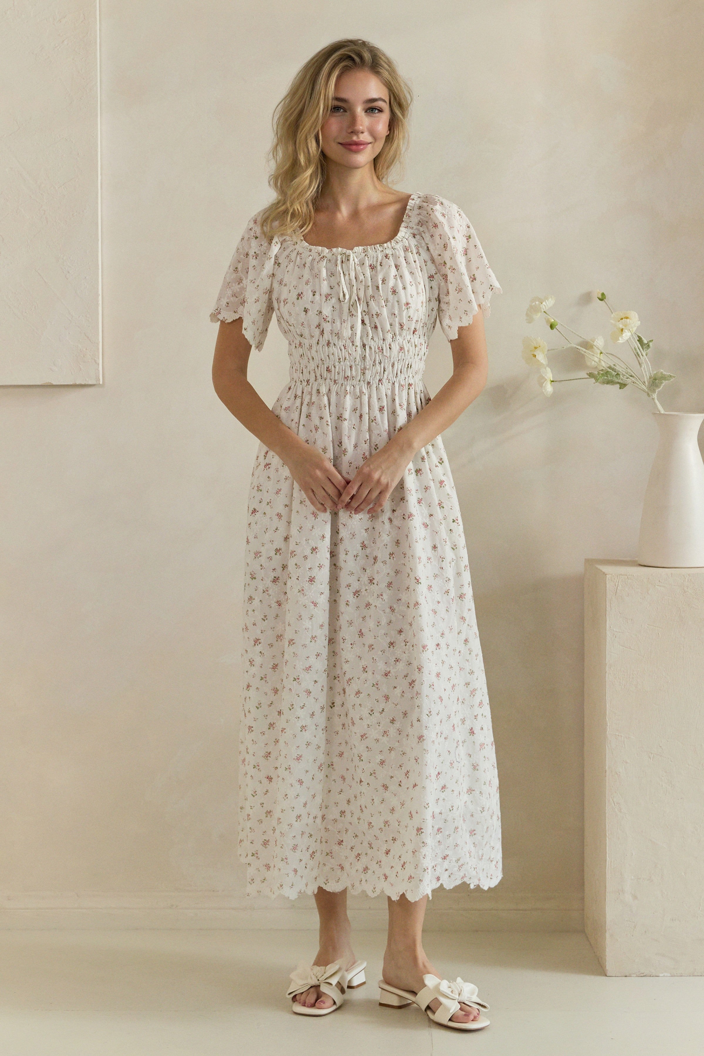 Ditsy Floral Embroidered Smocked Midi Dress