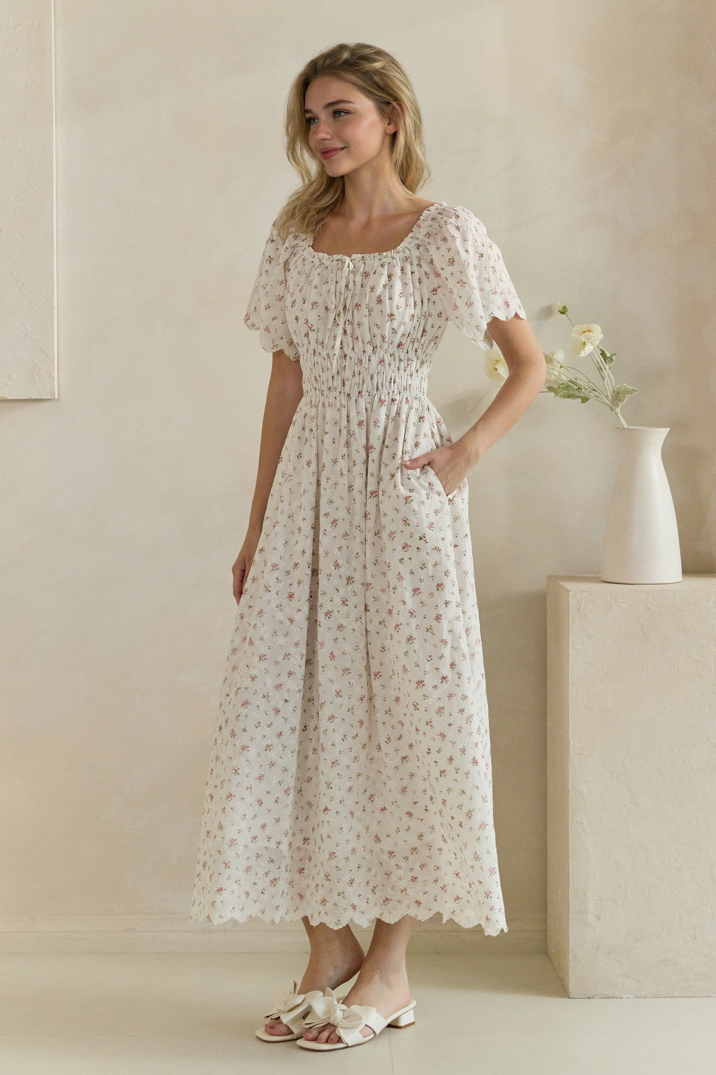 Ditsy Floral Embroidered Smocked Midi Dress