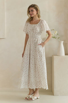 Ditsy Floral Embroidered Smocked Midi Dress