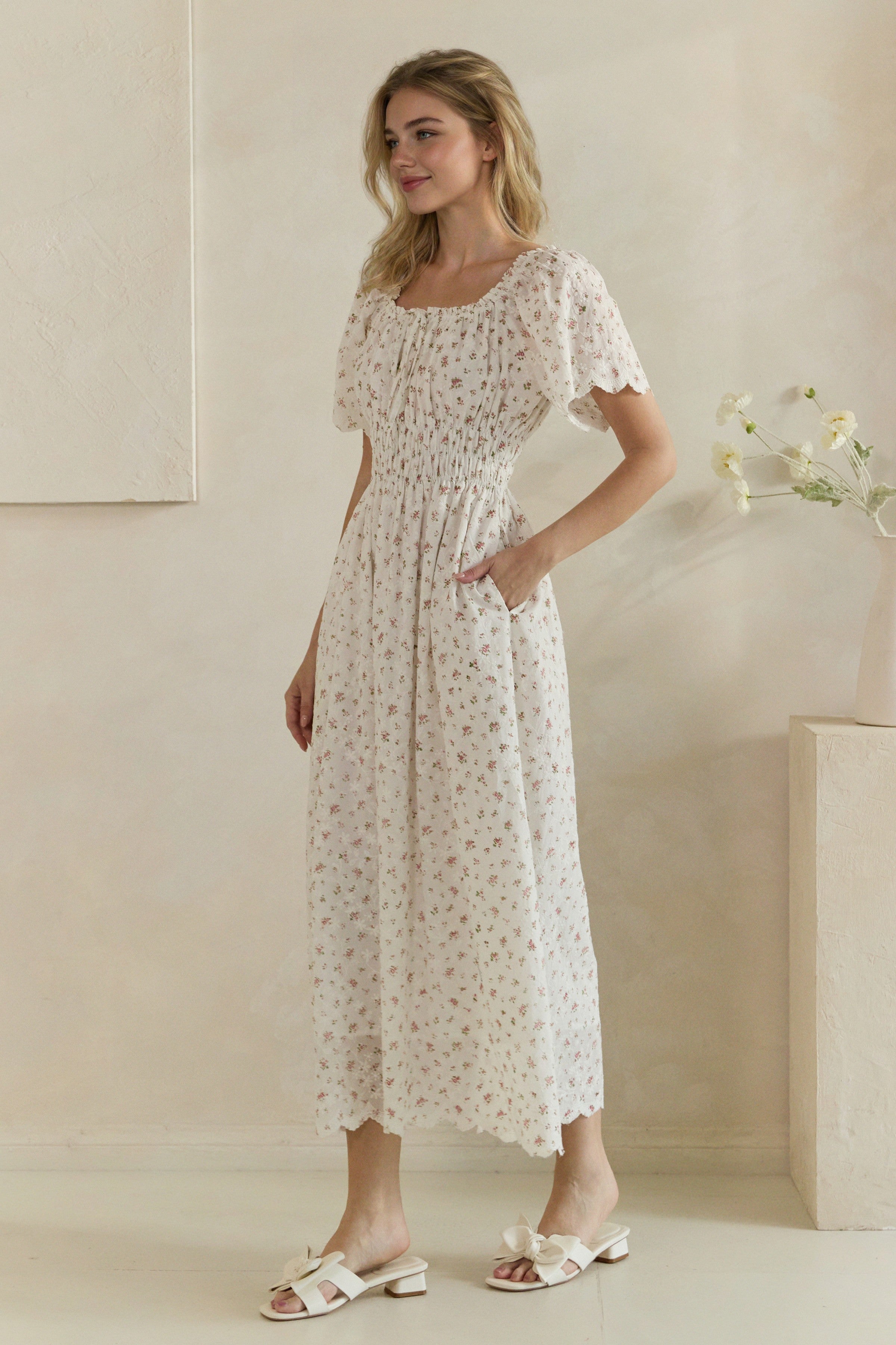Ditsy Floral Embroidered Smocked Midi Dress