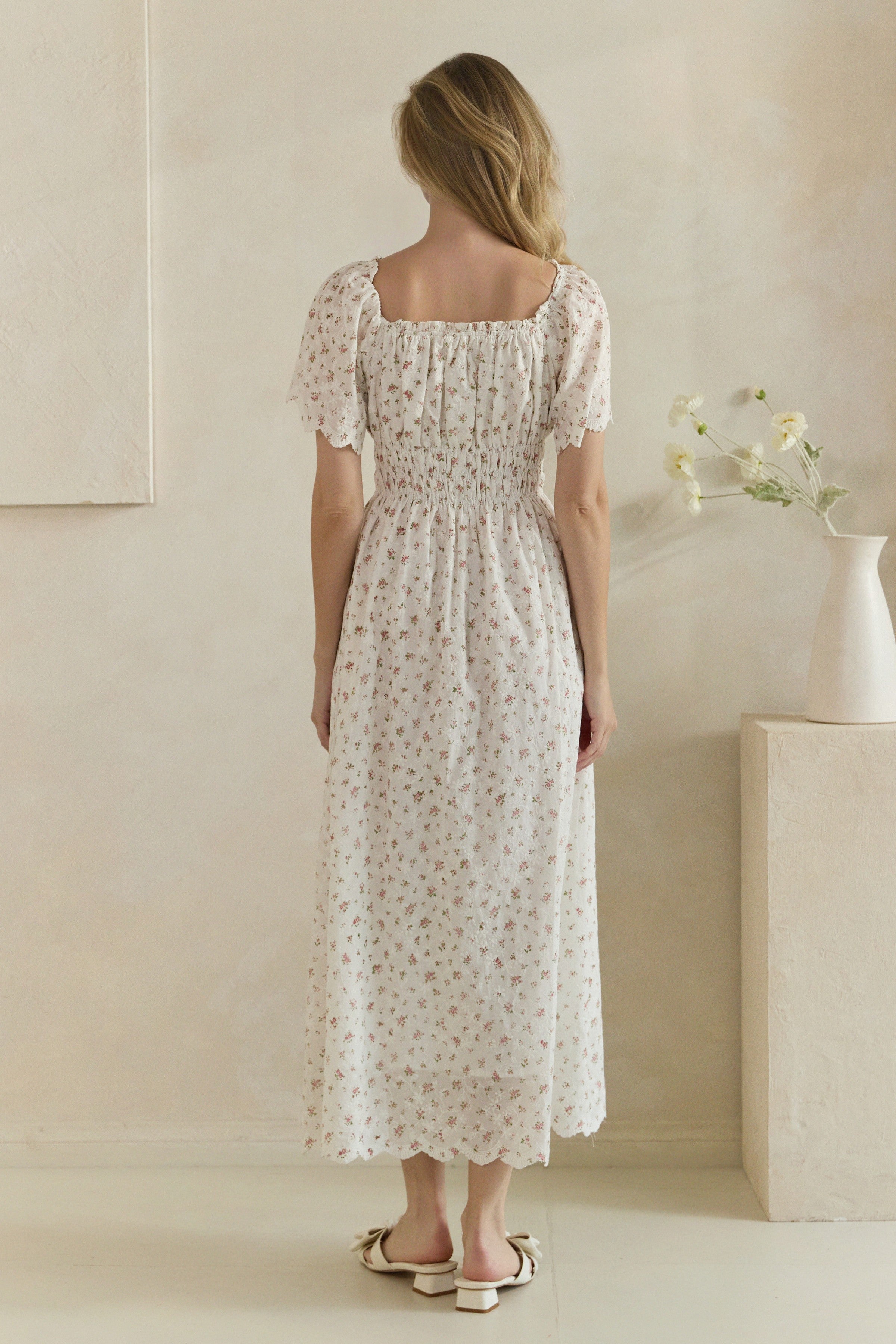 Ditsy Floral Embroidered Smocked Midi Dress