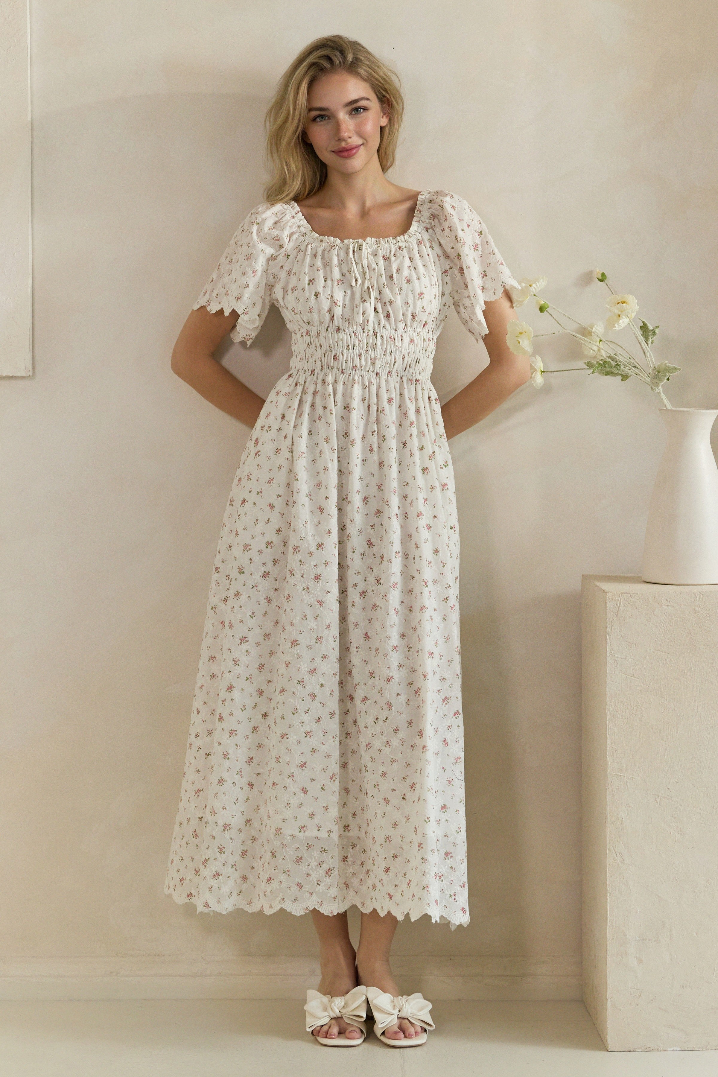 Ditsy Floral Embroidered Smocked Midi Dress