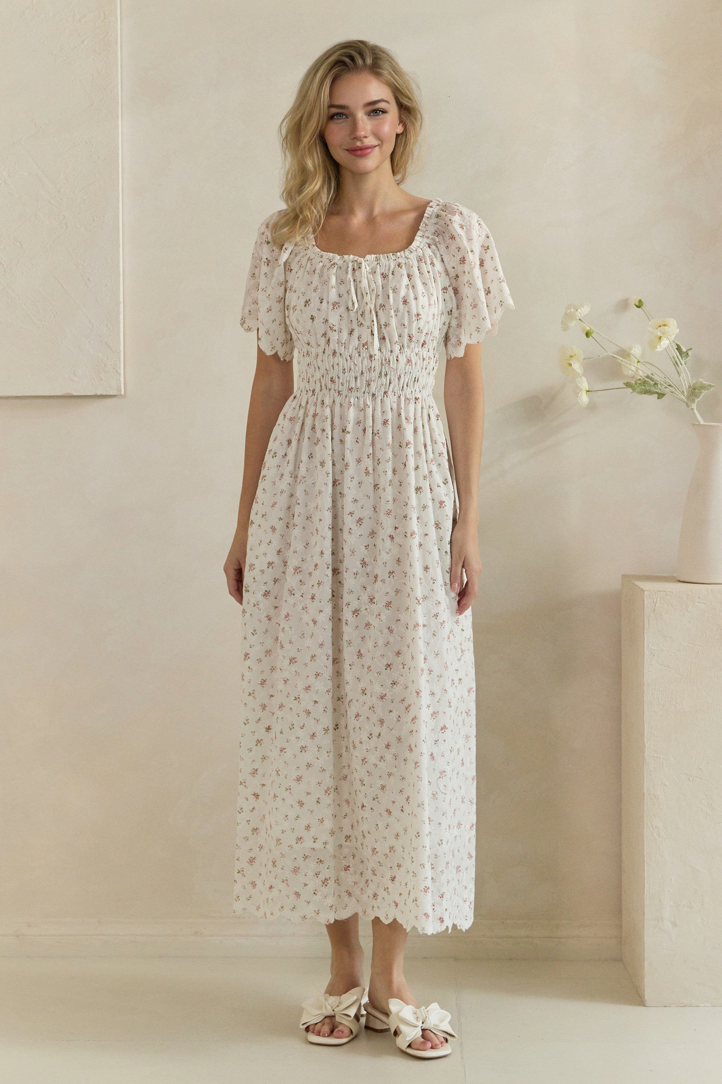 Ditsy Floral Embroidered Smocked Midi Dress