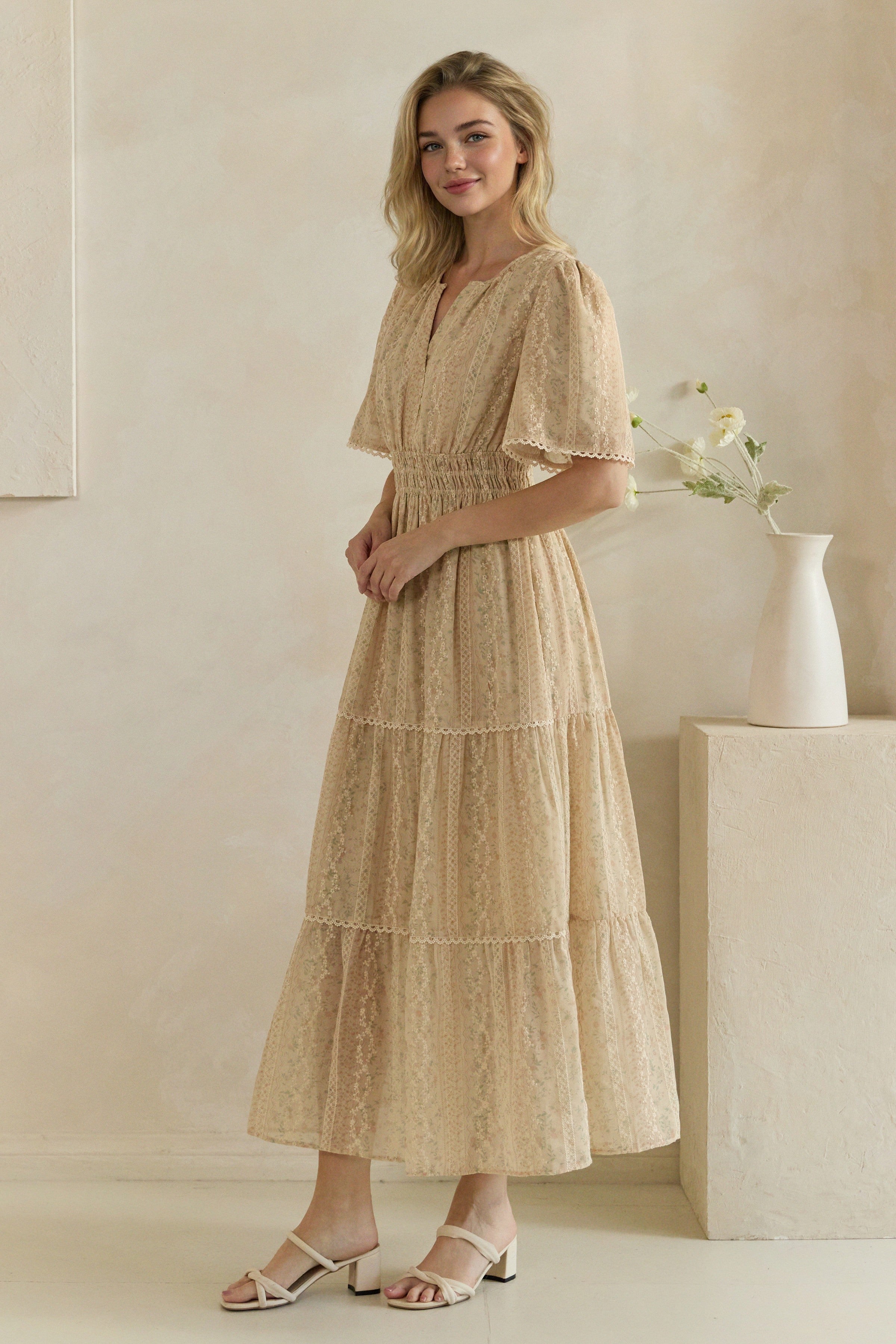Ditsy Floral Lace Inset Tiered Maxi Dress