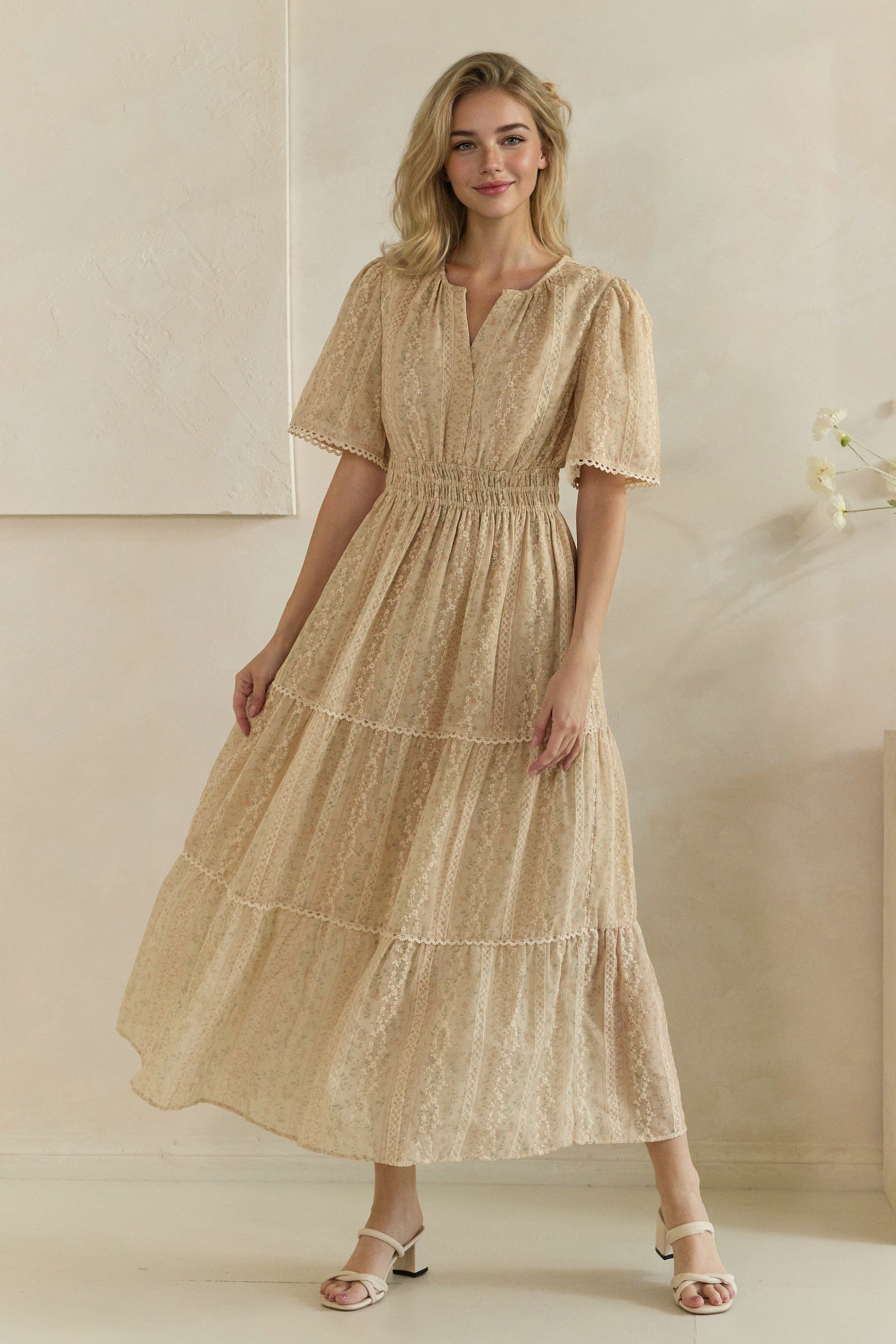 Ditsy Floral Lace Inset Tiered Maxi Dress