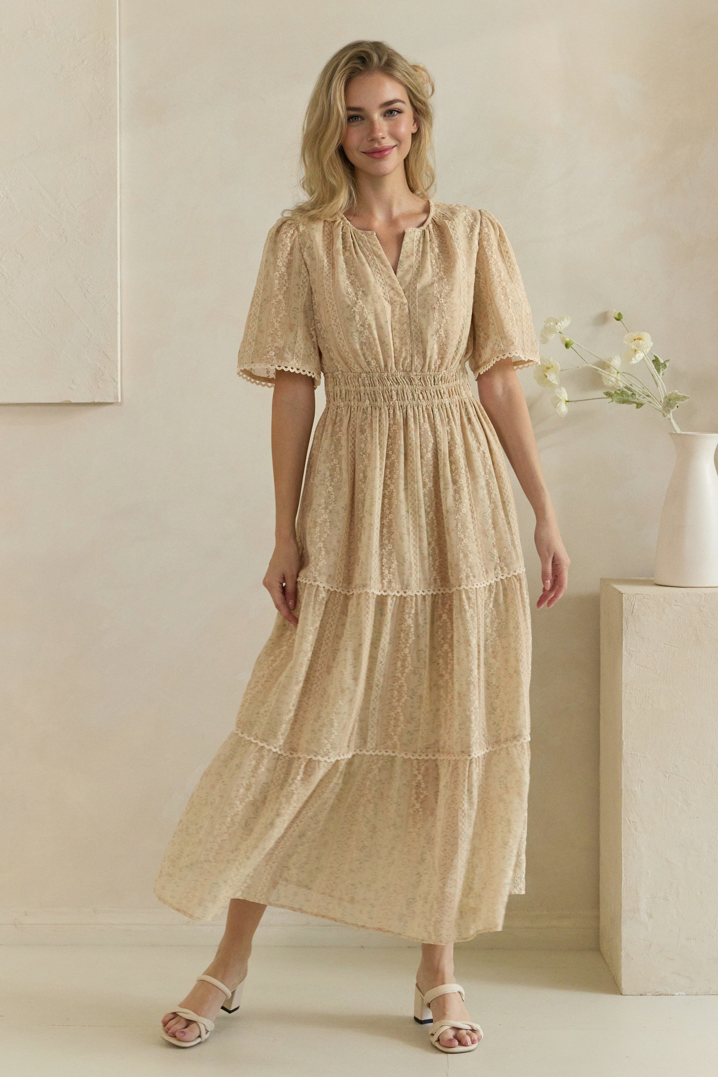 Ditsy Floral Lace Inset Tiered Maxi Dress