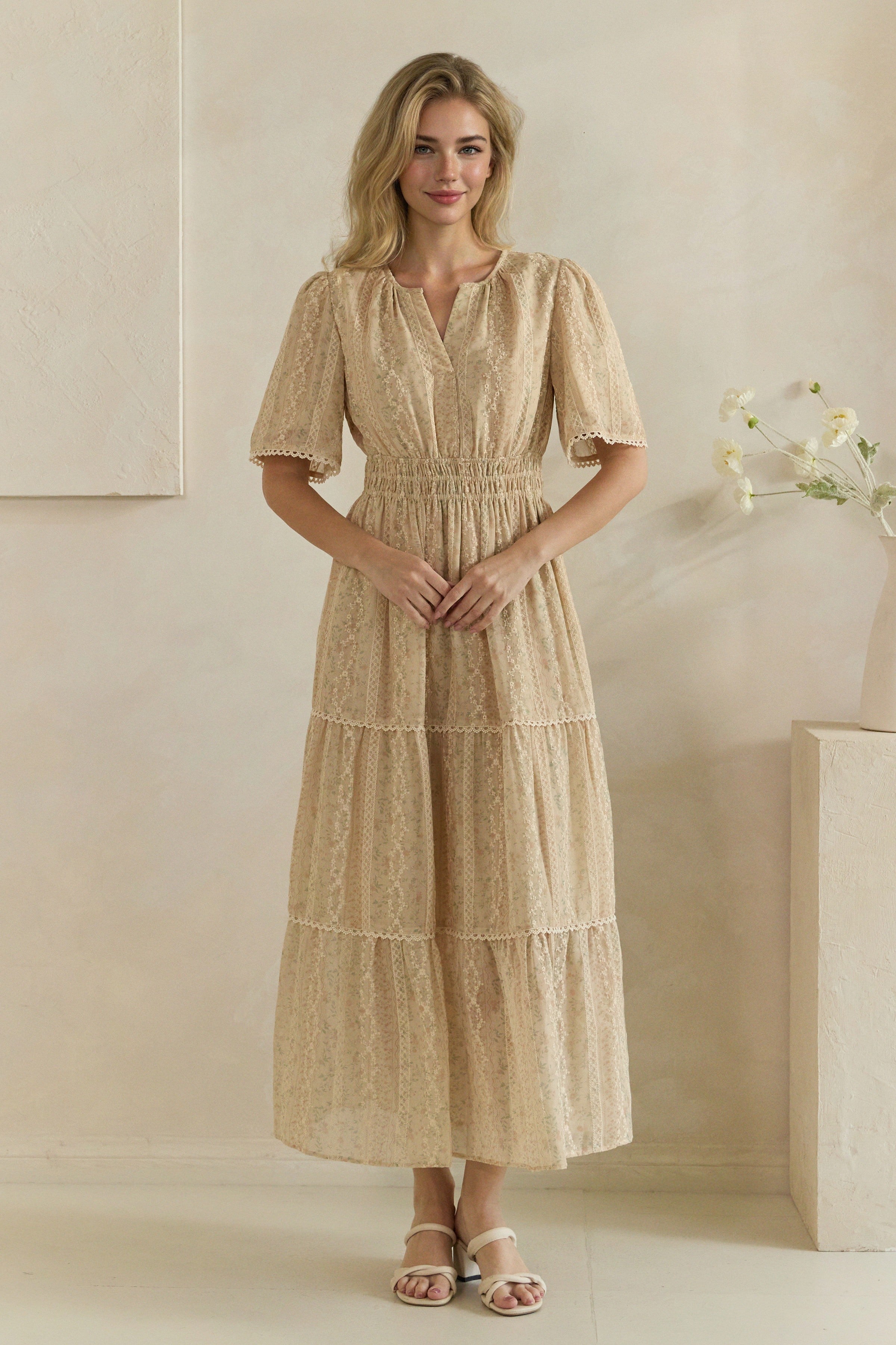 Ditsy Floral Lace Inset Tiered Maxi Dress