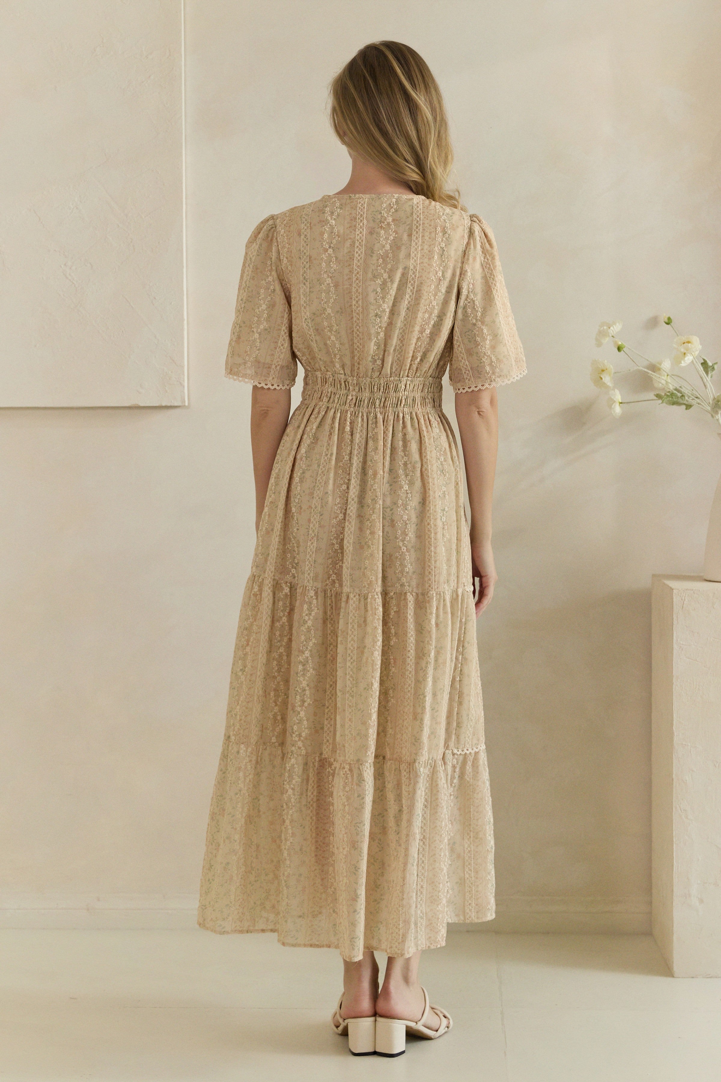 Ditsy Floral Lace Inset Tiered Maxi Dress