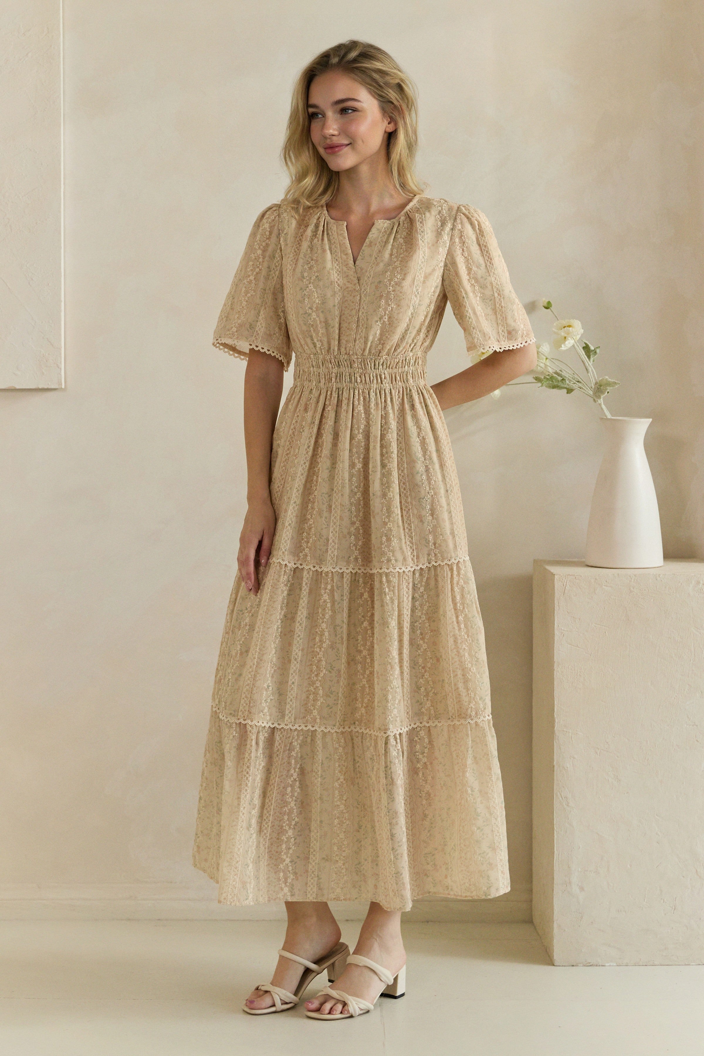Ditsy Floral Lace Inset Tiered Maxi Dress