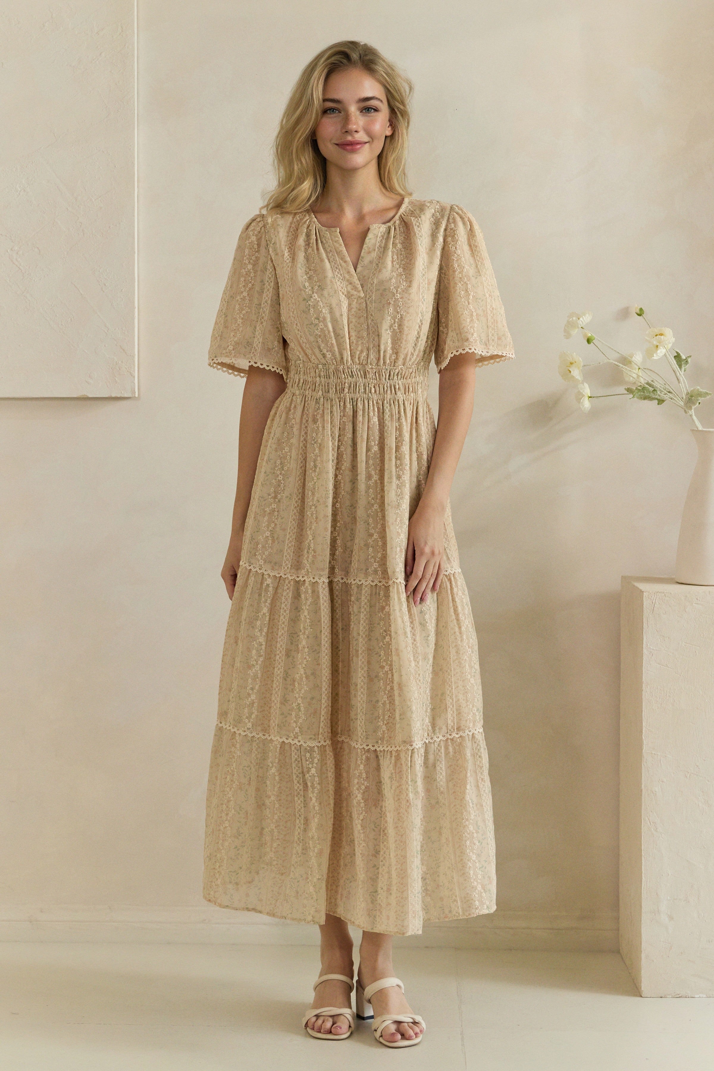 Ditsy Floral Lace Inset Tiered Maxi Dress