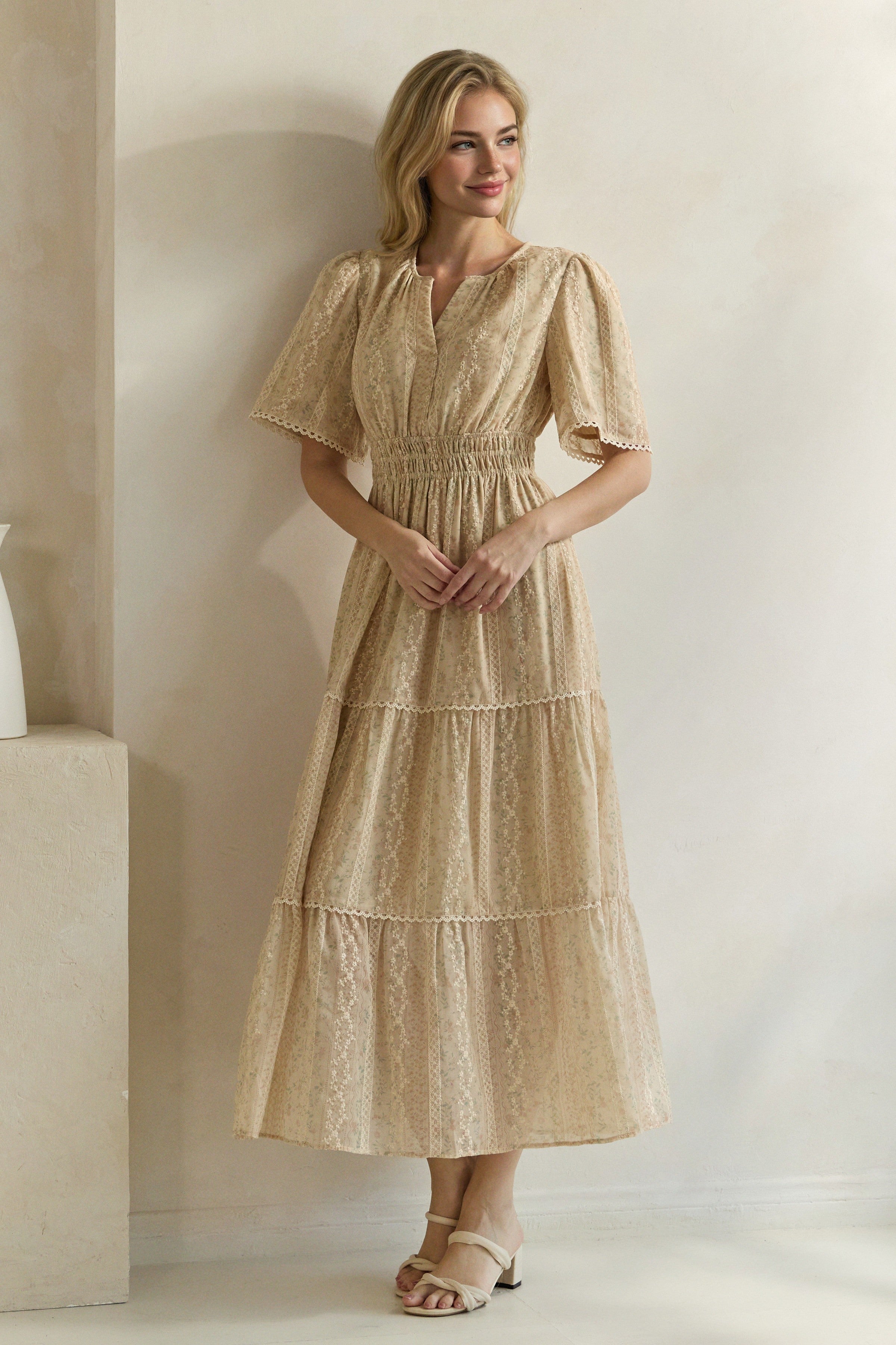 Ditsy Floral Lace Inset Tiered Maxi Dress