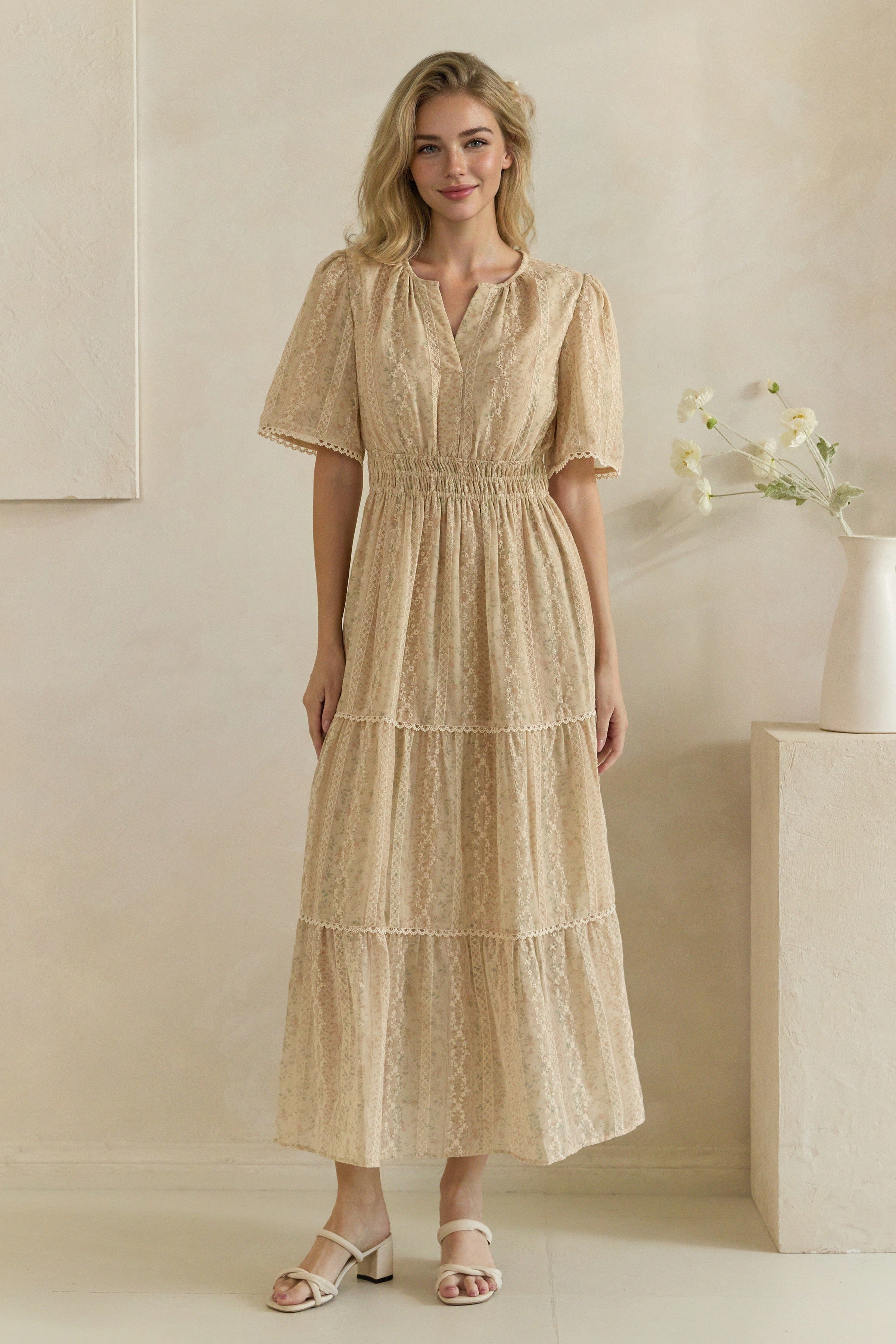 Ditsy Floral Lace Inset Tiered Maxi Dress