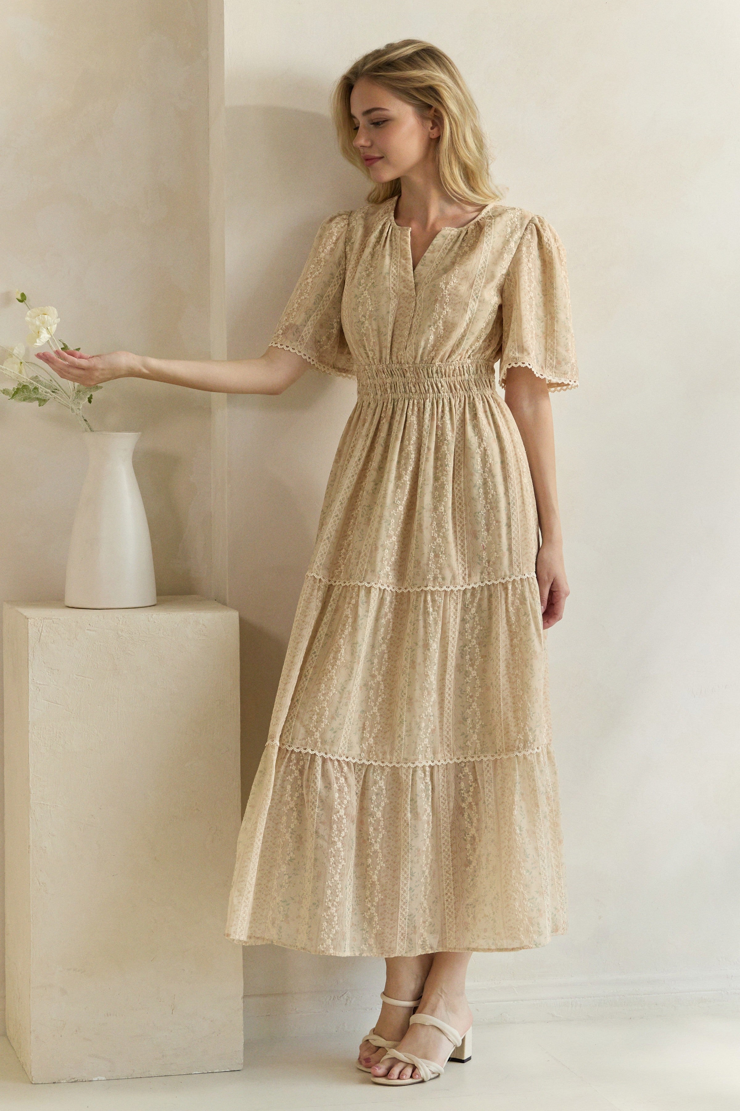 Ditsy Floral Lace Inset Tiered Maxi Dress