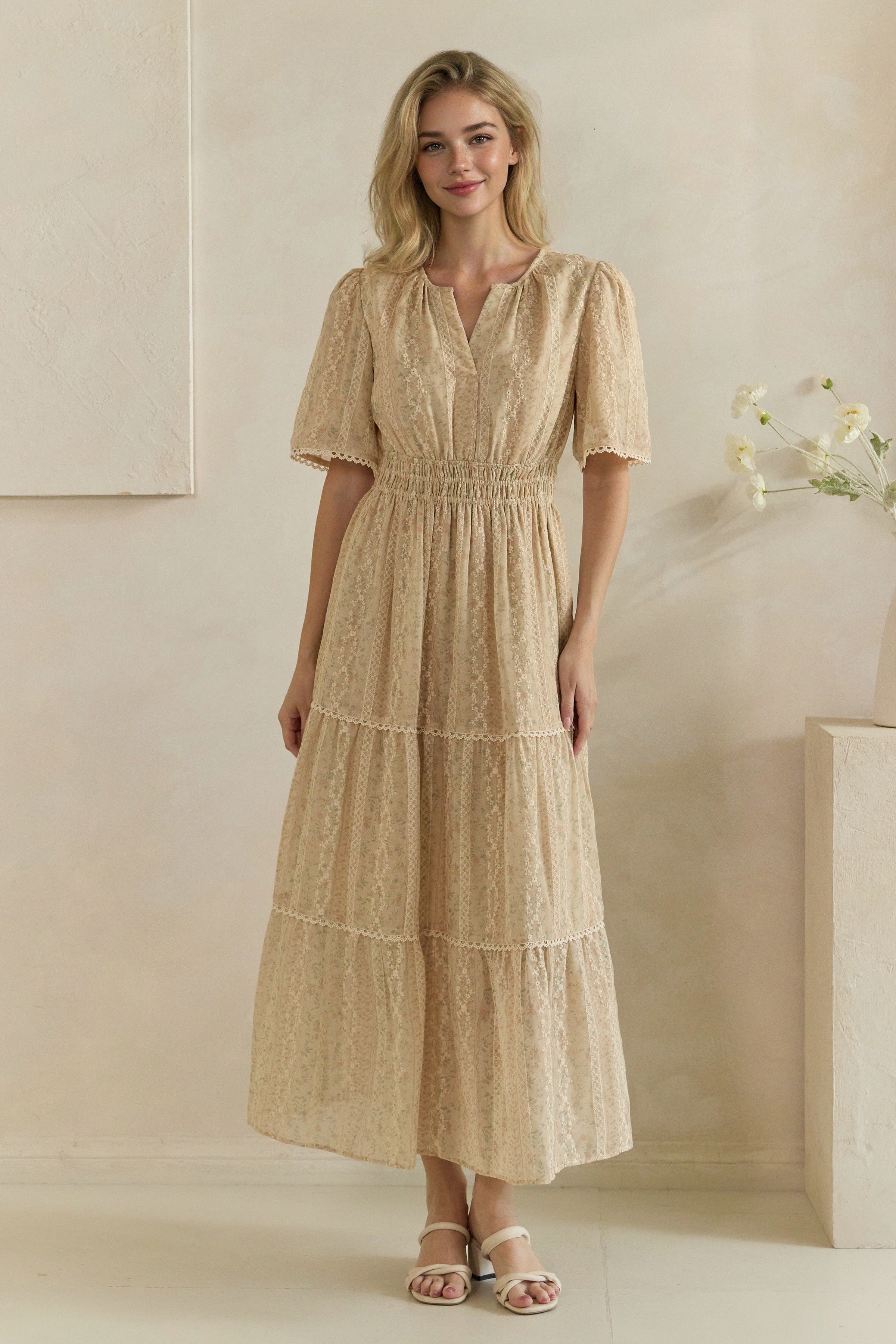 Ditsy Floral Lace Inset Tiered Maxi Dress