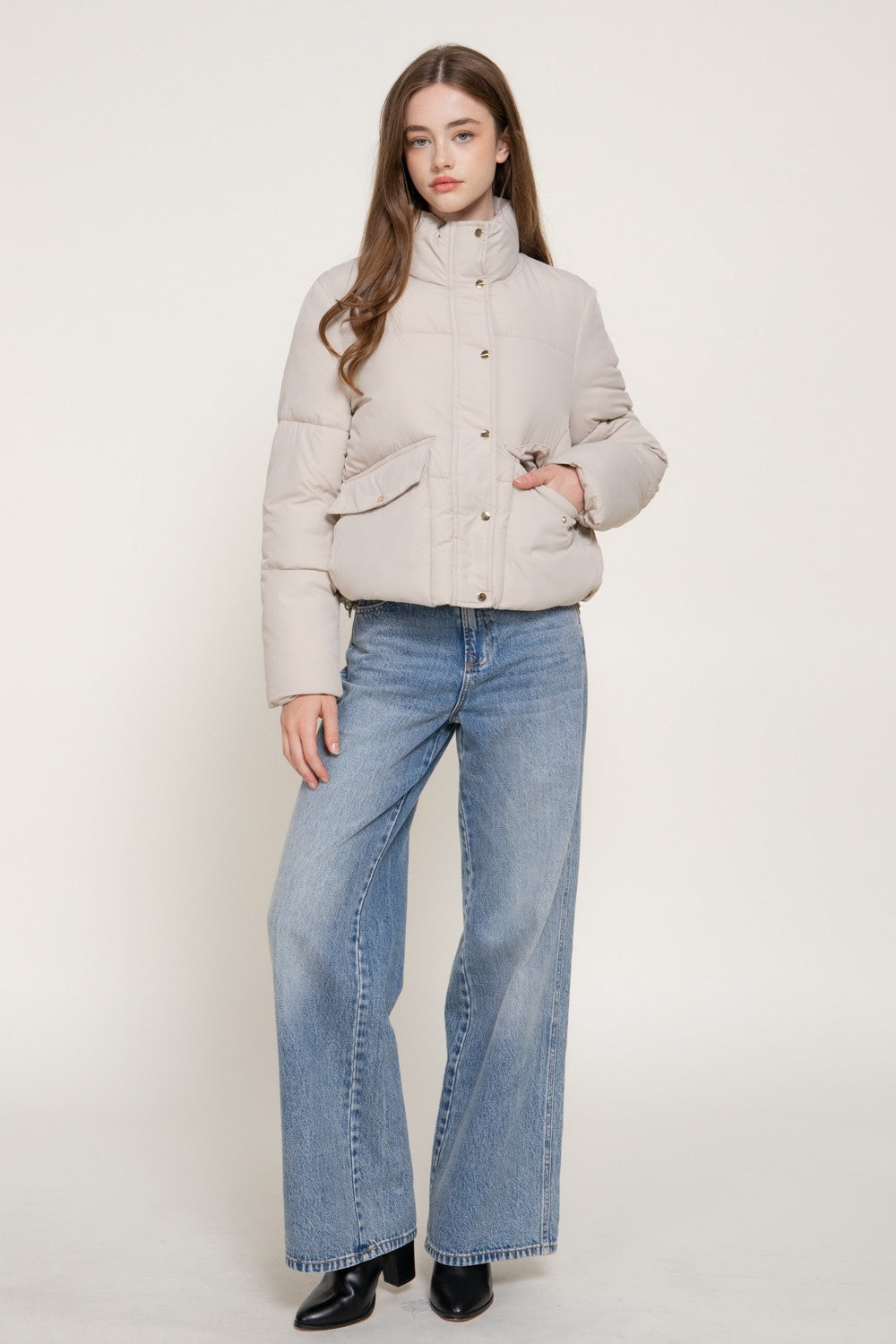 High Collar Snap Button Closure Puffer Jacket