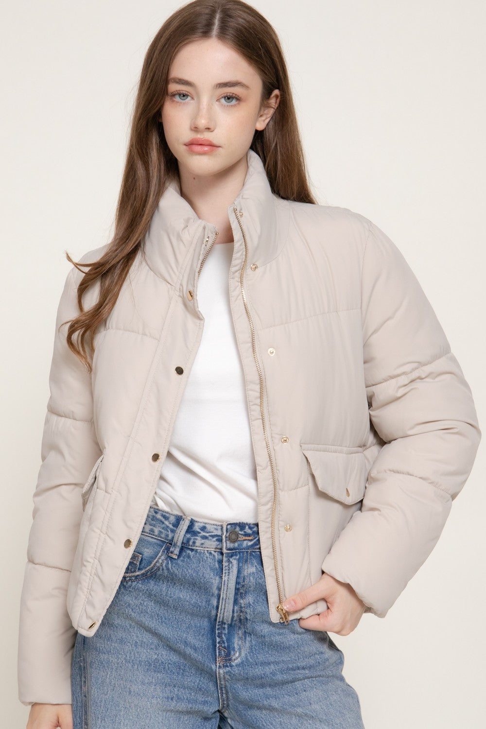 High Collar Snap Button Closure Puffer Jacket