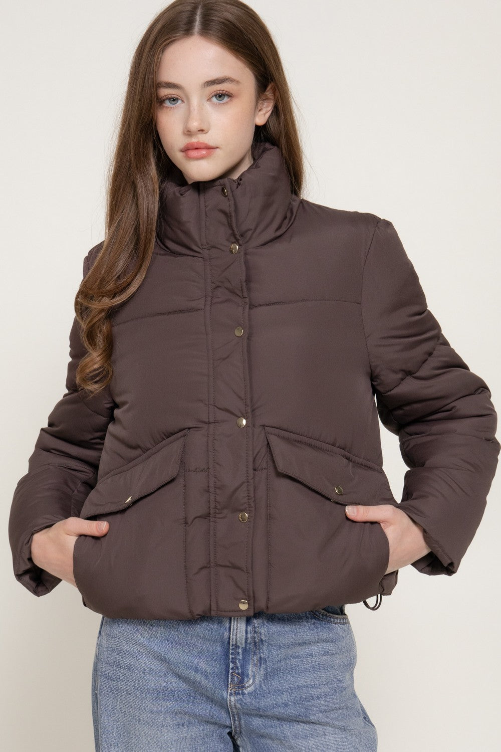 High Collar Snap Button Closure Puffer Jacket