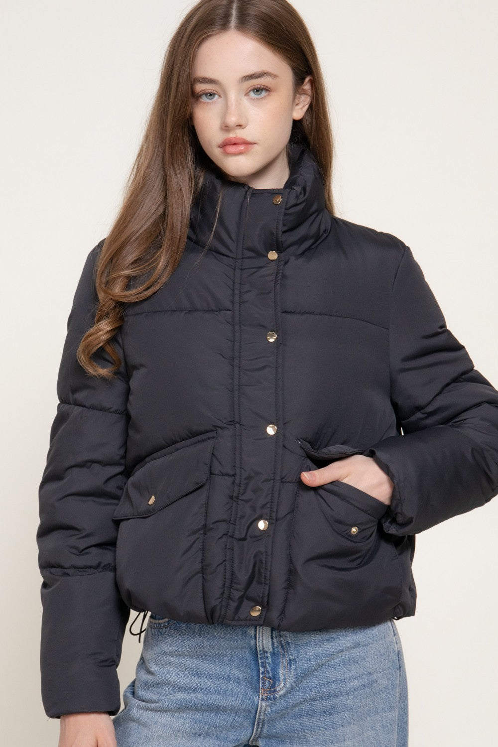 High Collar Snap Button Closure Puffer Jacket