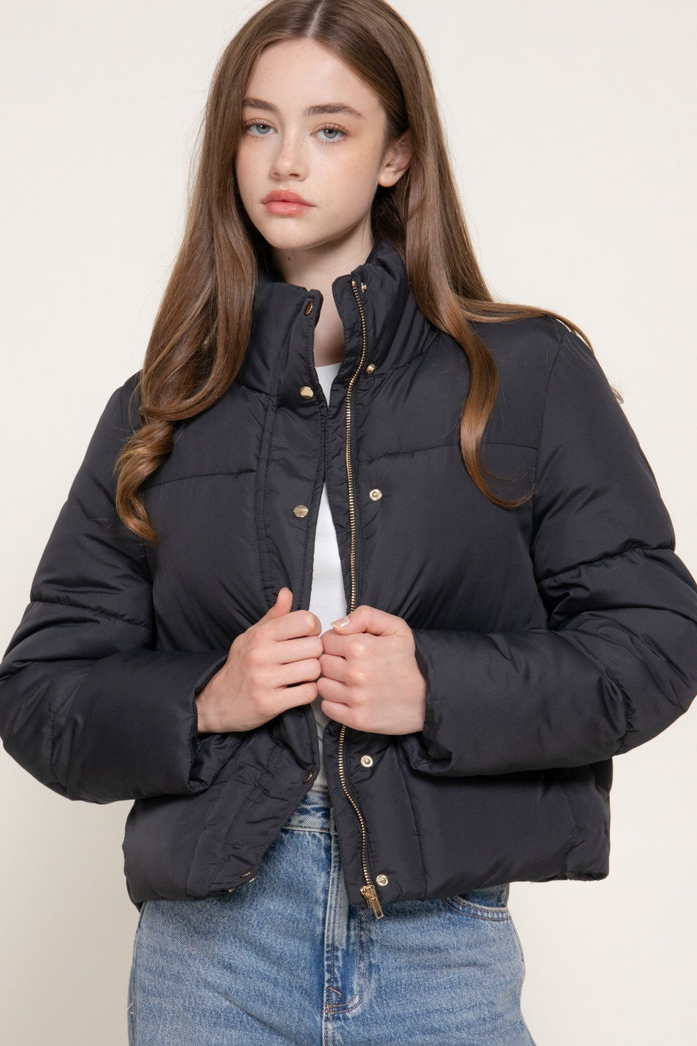 High Collar Snap Button Closure Puffer Jacket