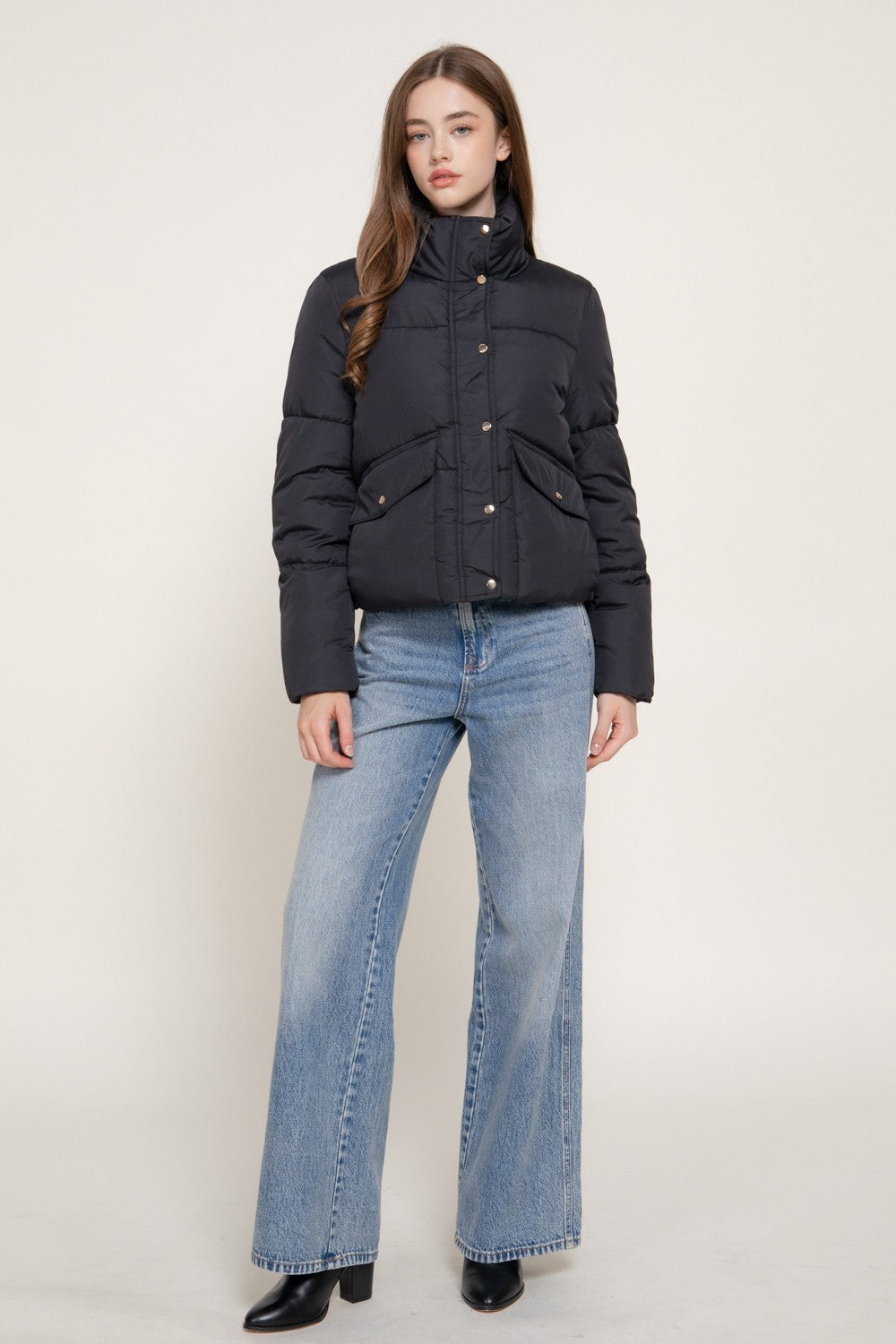 High Collar Snap Button Closure Puffer Jacket