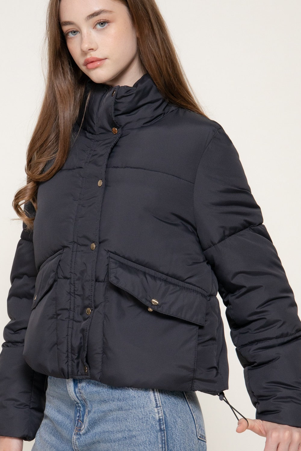 High Collar Snap Button Closure Puffer Jacket