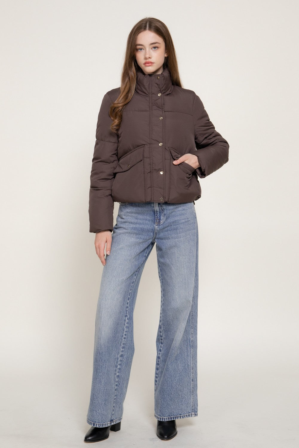 High Collar Snap Button Closure Puffer Jacket