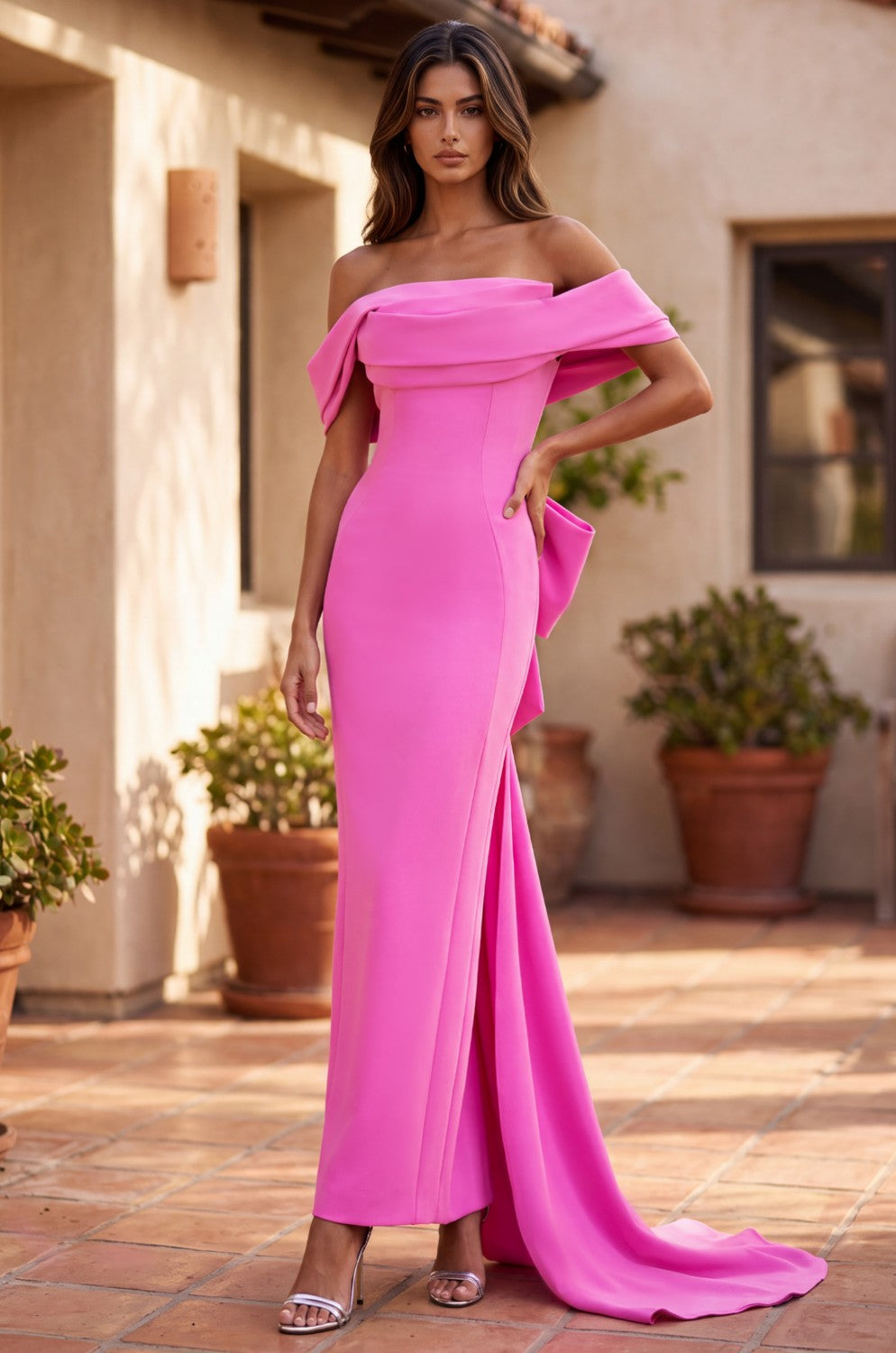 Formal Folded Neckline Bow Back Evening Dress