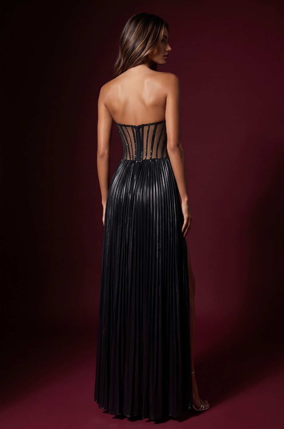 Strapless Beaded Bust Pleated Corset Formal Dress