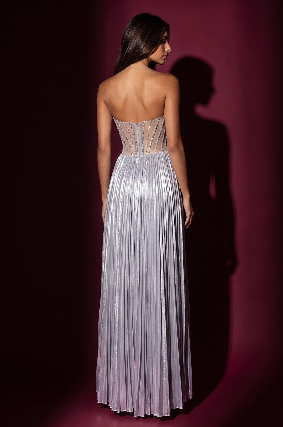 Strapless Beaded Bust Pleated Corset Formal Dress